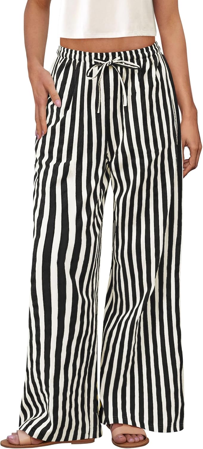 PRETTYGARDEN Women's Wide Leg Lounge Pants Spring Summer Drawstring Elastic Waist Comfy Striped Pajama Bottoms Trendy Clothes