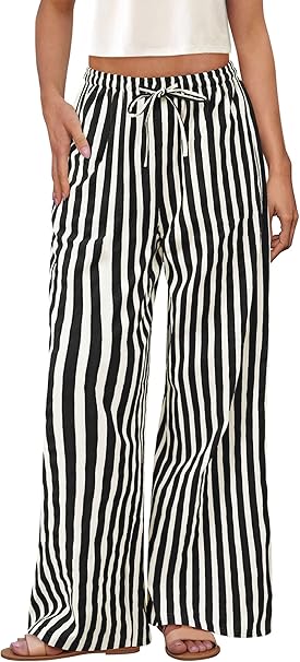 PRETTYGARDEN Women's Wide Leg Lounge Pants 2025 Summer Drawstring Elastic Waist Comfy Striped Pajama Bottoms Trendy Clothes