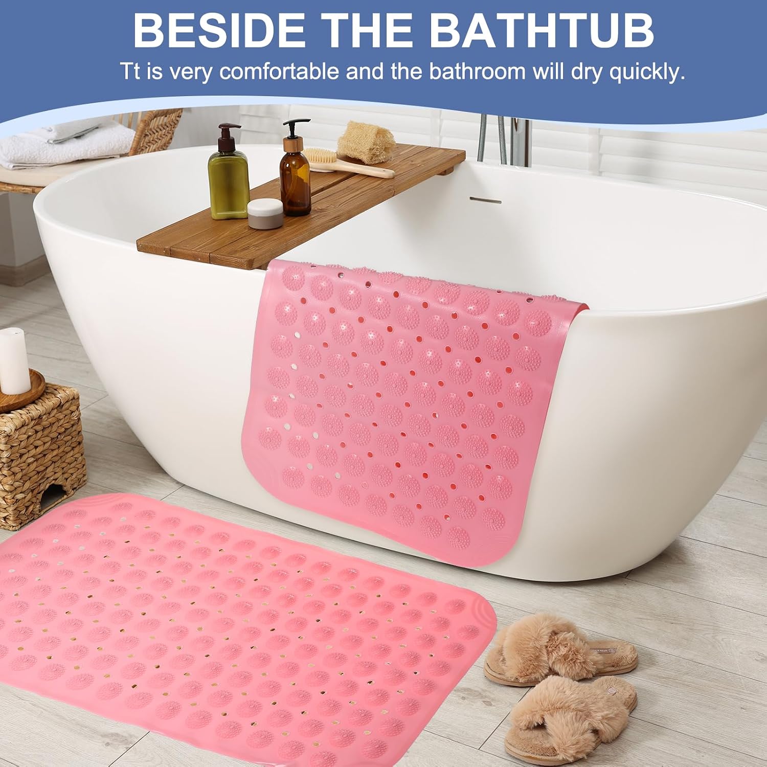 PATIKIL 27.95 x 14.17 Non-Slip Shower Mat, PET Bathtub Floor Mat with Suction Cups & Drain Holes for Shower Stall Bathroom Bathtub, Pink