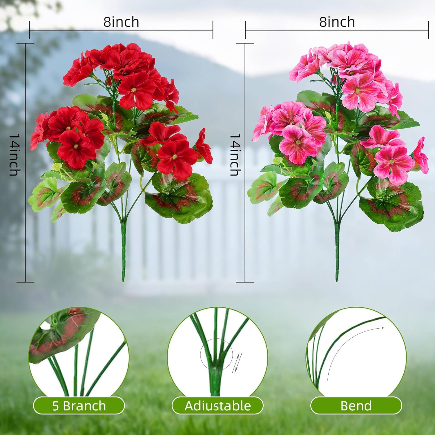 QIANYUN 14 Bundles Artificial Geranium Flowers for Outdoors, UV Resistant Silk Geraniums, Faux Outdoor Plants for Garden, Porch, Patio, or Home Table Centerpiece Decor (14, Red/Pink)