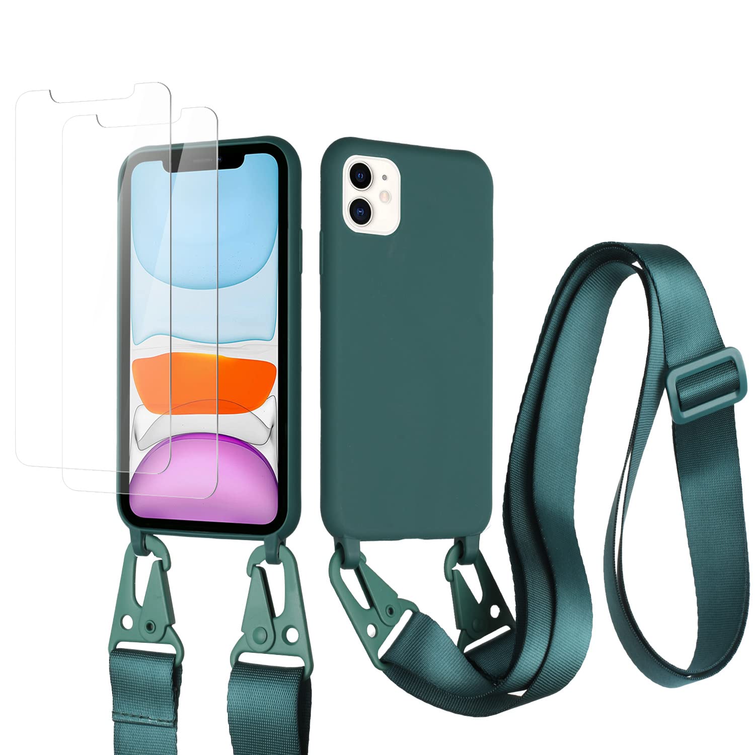 vrupin Funda Compatible con iPhone 13.con (2 x Protector Pantalla)con Cuerda Case con Ajustable Cordón.Silicona Líquida Funda-Loto Color