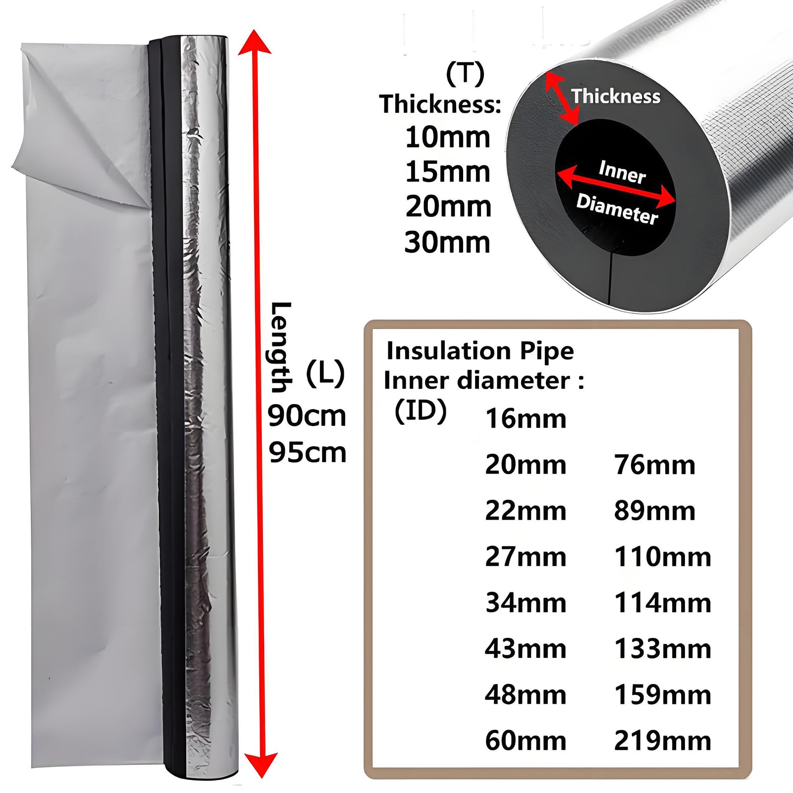 Aislamiento de Tuberías para Exterior Aislante, Tubo Aire Acondicionado Coquilla Aislamiento de Aluminio Autoadhesivo, Fundas de Aislamiento Térmico para Tuberías (ID) 219mm x (T) 30mm