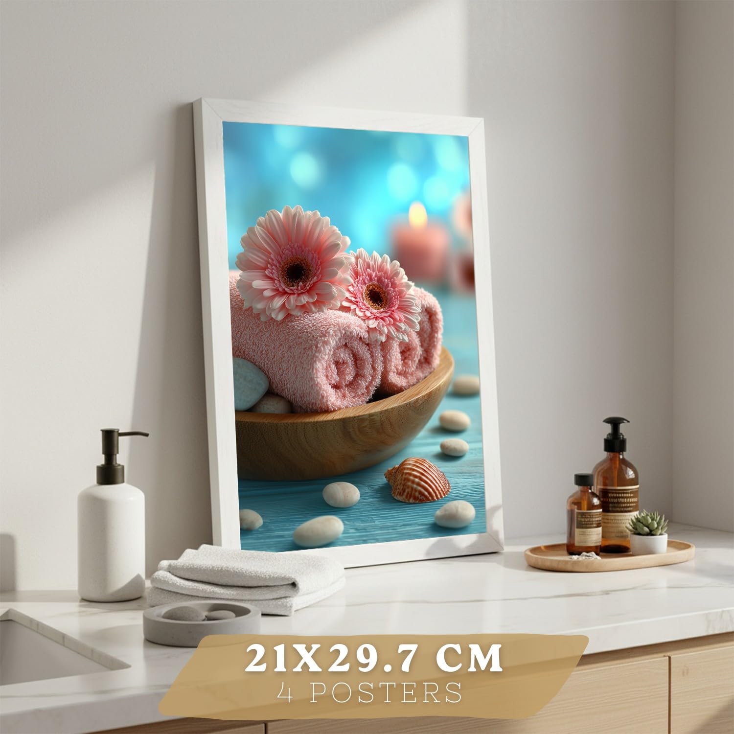 Nacnic Set De 4 Cuadros Baño Decoracion Poster Estilo Playa Spa Para Pared Lavabo Ducha Wc Y Aseo Con Conchas Velas Toallas Y Sales Marinas A4 Marco Blanco