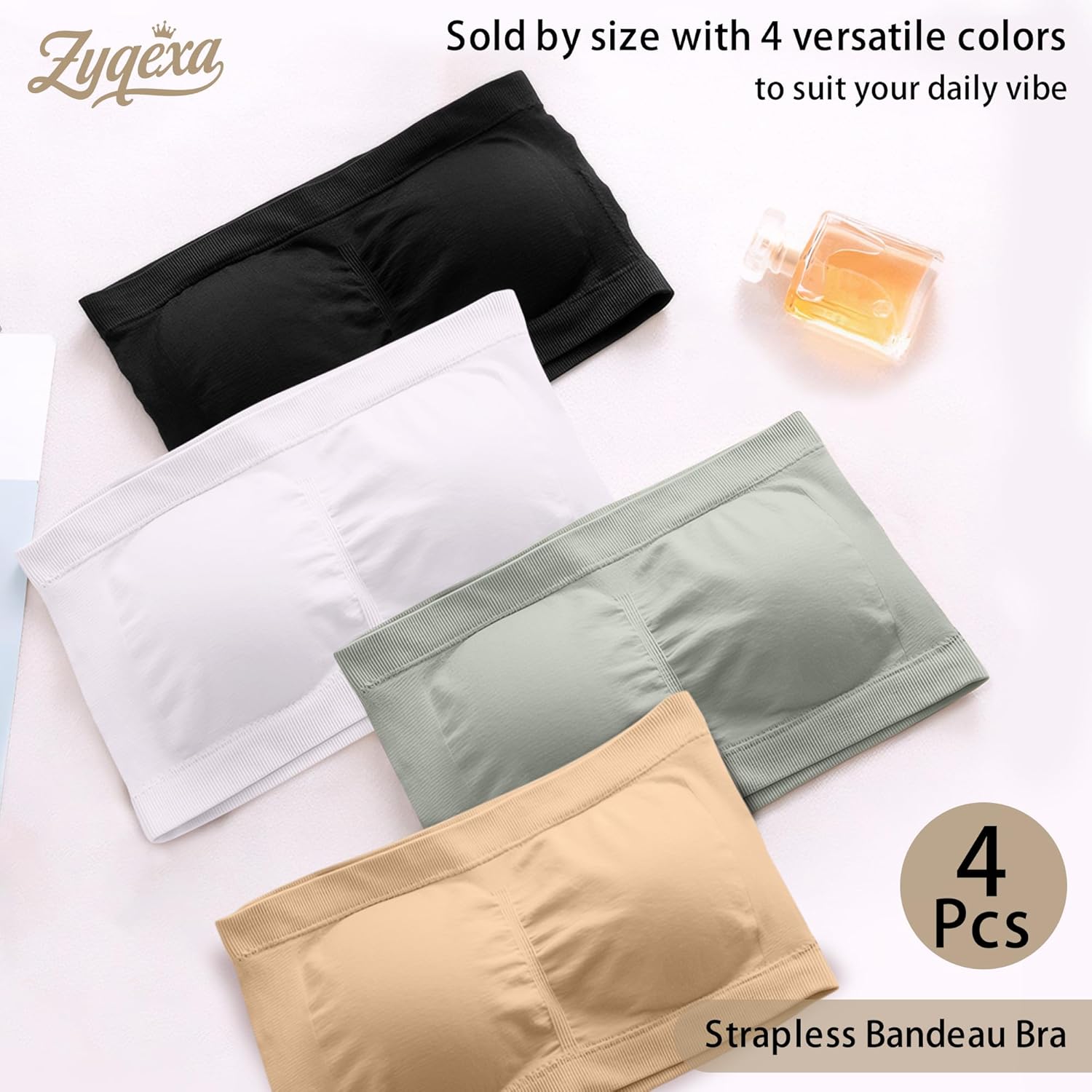 4 Pcs Strapless Bandeau Bras for Women - Wireless Seamless Padded Tube Bras Womens Strapless Bralette Full Coverage Comfy Tube Top Bra Padding No Underwire White Nude, L - Image 5