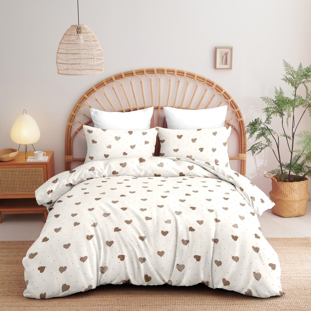 Covebett Brown Hearts Duvet Cover Double Beige Brown Heart Pattern Aesthetic Bedding Set Girls Love Heart Print Microfiber Comforter Cover 200x200 cm with Zipper Closure and 2 Pillowcases 50x75cm โ image 1
