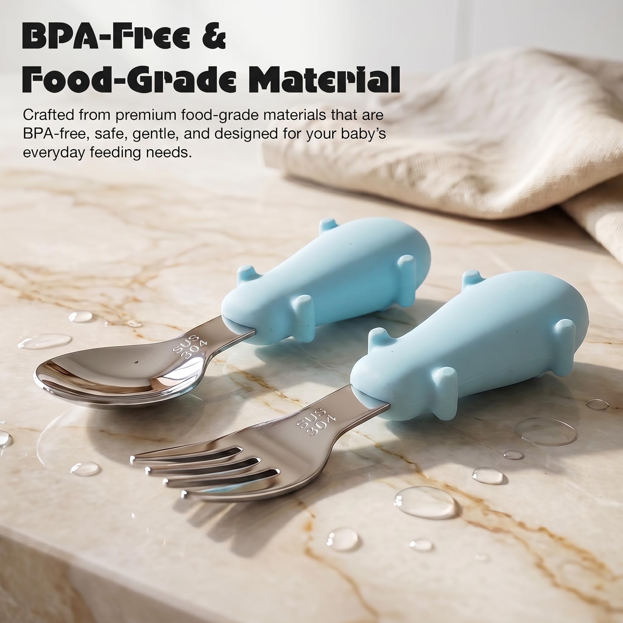 Baybee Stainless Steel Baby Feeding Spoons Set of 2 | Bpa Free- Food Grade Self Feeding Training Utensil Spoon & Fork | Baby & Toddlers Gum Friendly Weaning Supplies for Kids 4 Months+ (Blue) 1