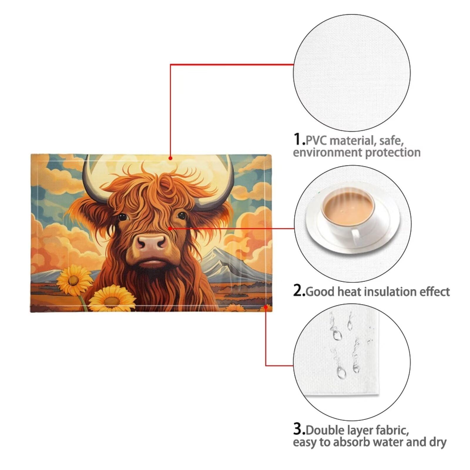 Ryvnso 1 Piece Placemats Highland Cow Sunflower Dining Mats Heat-Resistant Non-Slip Washable Table Mat - Walmart Supplies