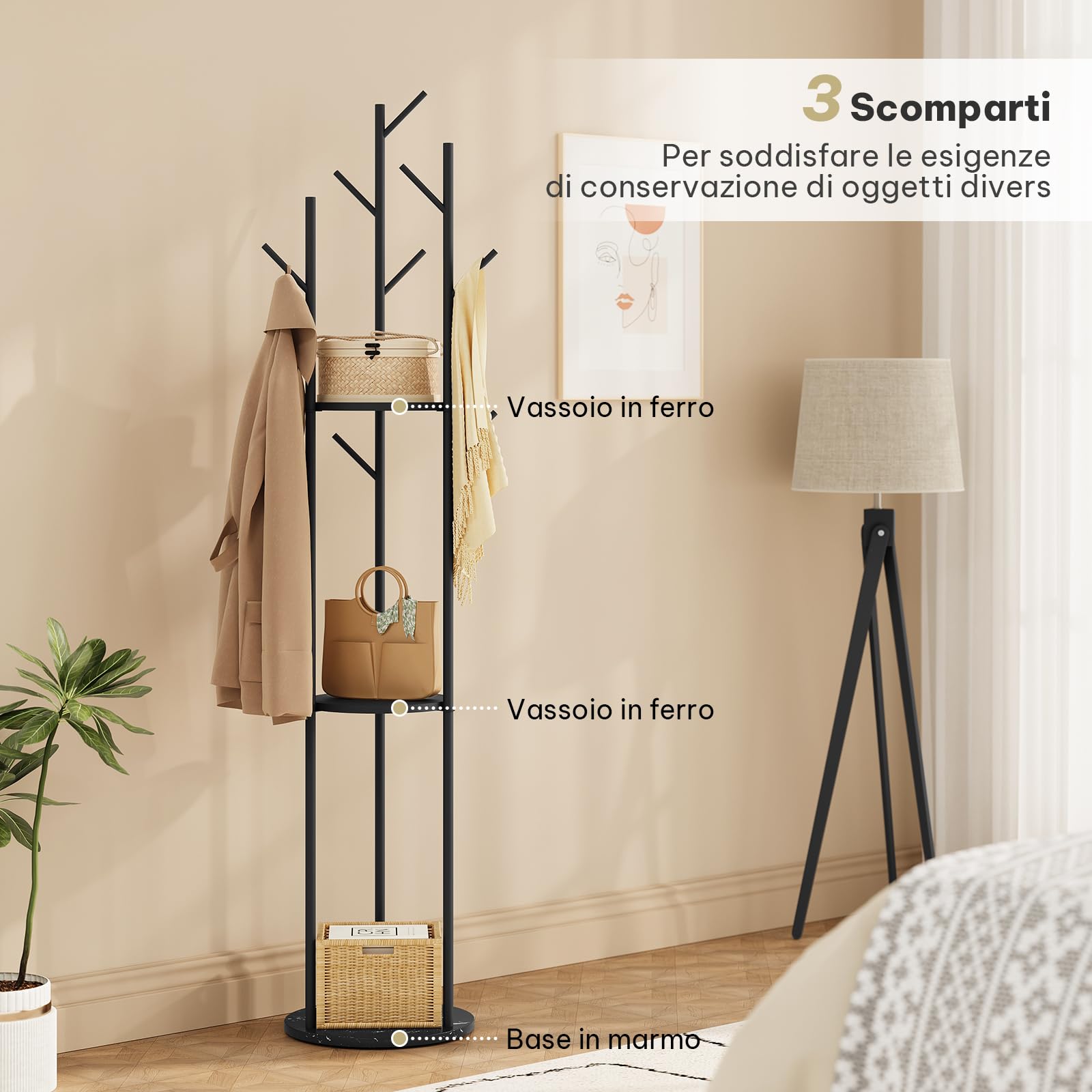 eSituro Appendiabiti, Porta Abiti da Terra a Forma di Albero, con 9 Ganci e 3 Ripiani, Appendiabiti in Metallo con Base in Marmo per Corridoio/Camera da Letto/Ufficio, Nero