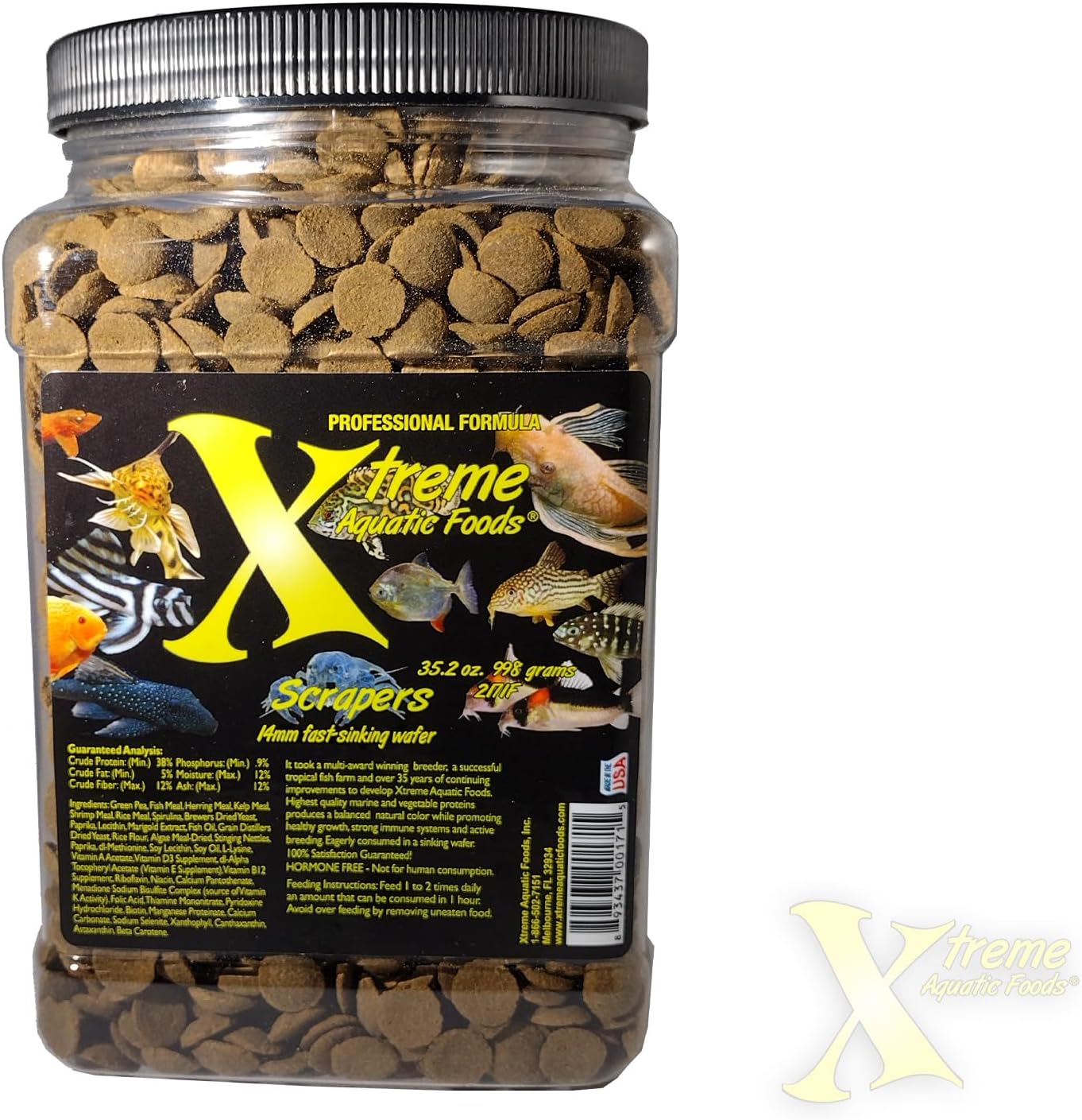 Xtreme Scrapers Wafers - Premium 14mm Fast-Sinking Fish Food – Nutrient & Cellulose Rich Ideal for Nocturnal Feeders, Catfish, Plecostomus Species, and Loaches – USA Farm Grown (35oz)