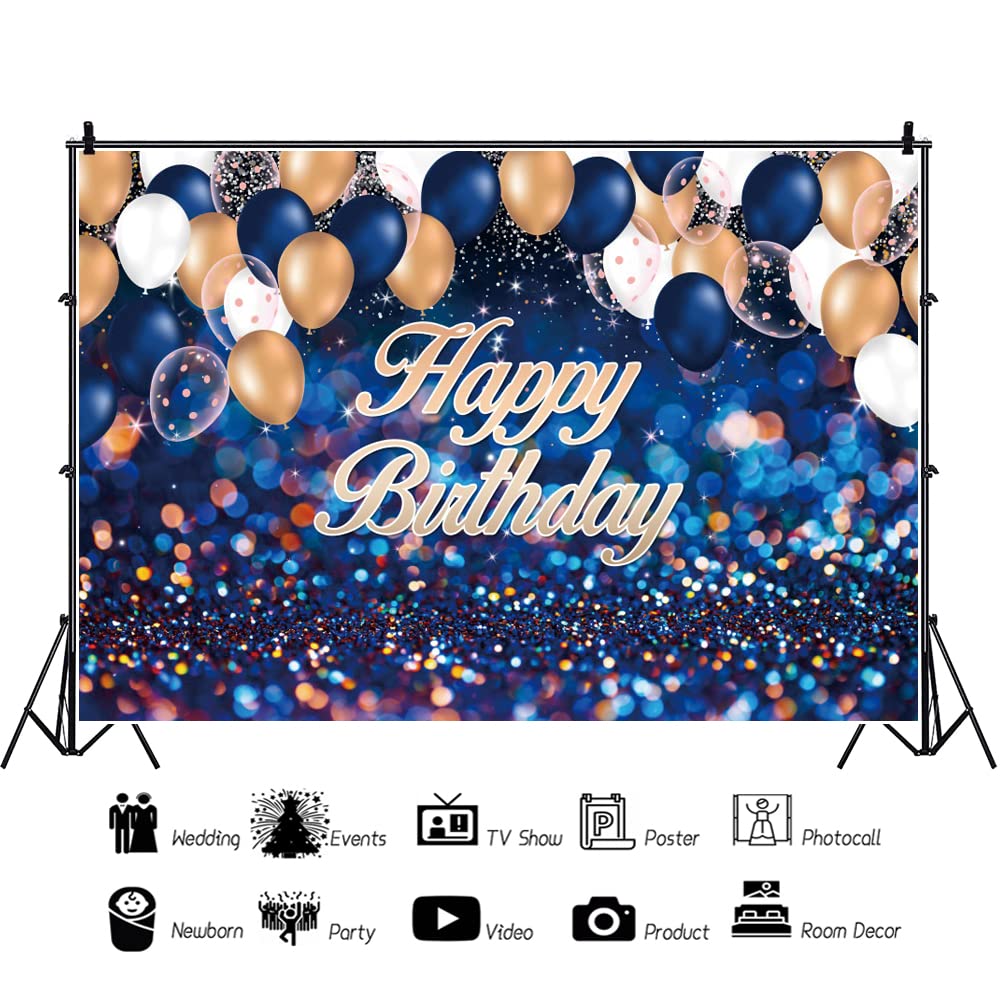 Toile De Fond Photo 'Joyeux Anniversaire' 210x150 Cm - Motif Fleurs Bleu Et Argent Paillettes - Pour Fêtes, Décoration, Photo Studio