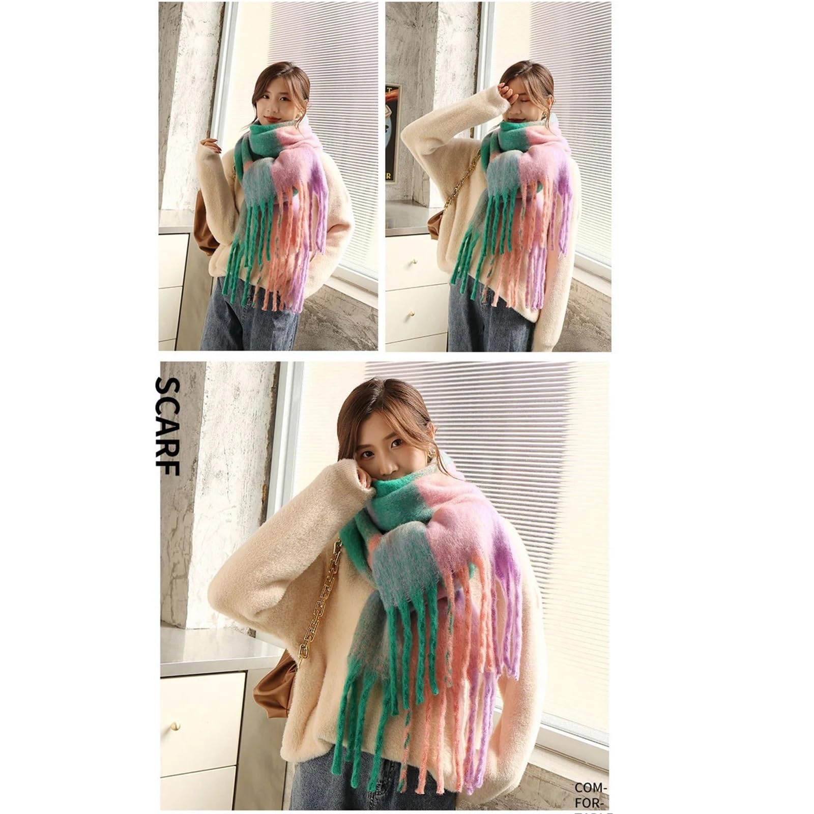 Sciarpa Invernale in Pashmina di Cashmere da Donna, Calda Coperta Scialle con Lunghe Nappe(C)