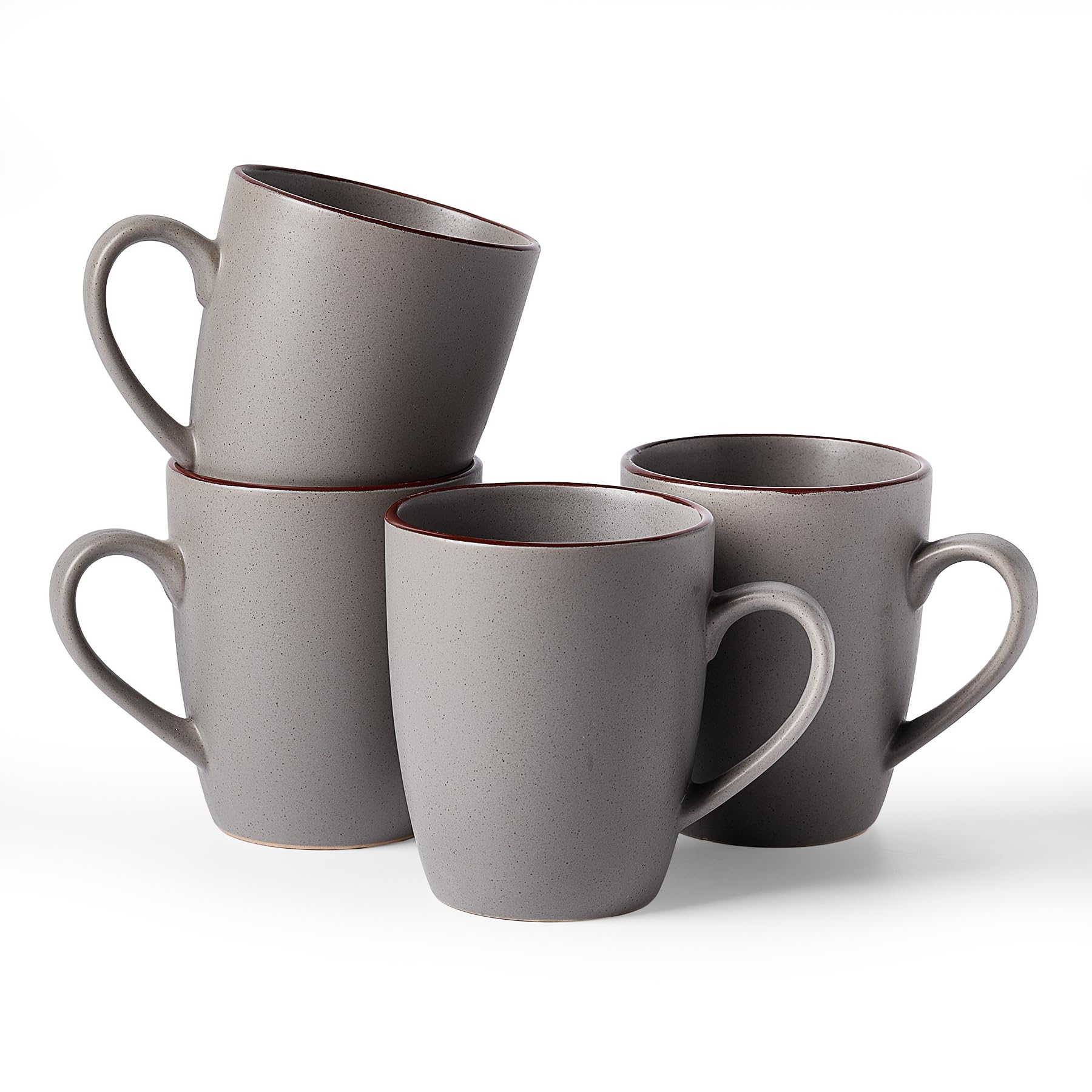 Richmount Venus Coffee Mugs Set of 4, 13oz/370ml Stoneware Tea Cups with Large Handle and Burgundy Trim for Latte/Cappuccino/Milk/Cocoa/Tea, Microwave & Dishwasher Safe, Dark Gray