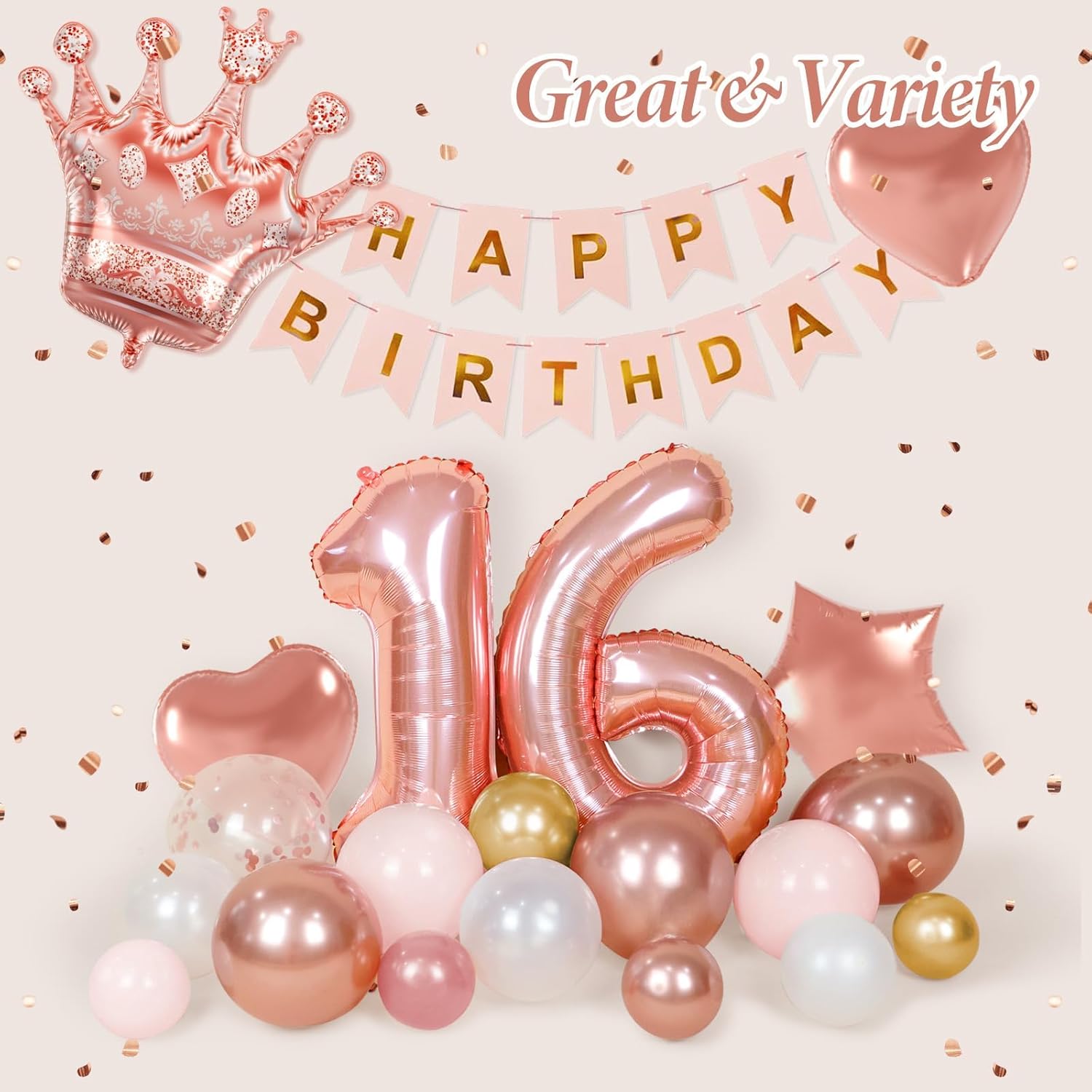 123pcs Sweet 16 Party Decorations, 16th Birthday Decorations with Sweet 16 Banner Balloon Number Fringe Curtain Rose Gold Pearl White Balloons for 16th Birthday Decorations