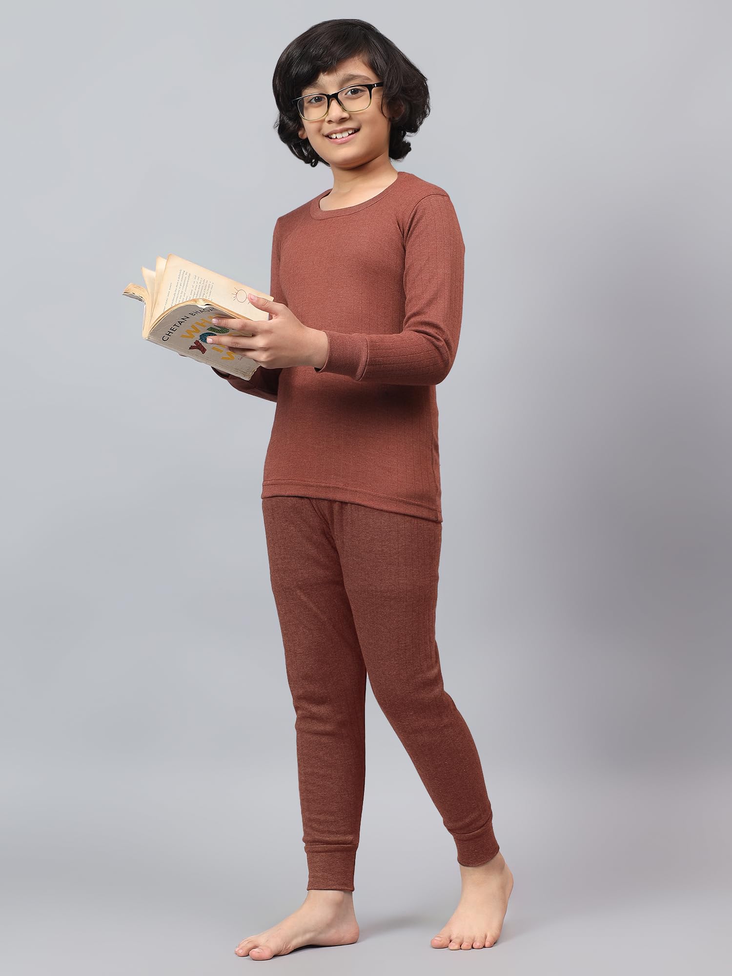 FUNKOOL Boys & Girls Hotpot Desire|Slim Fit| Cotton Rich |Full Sleeves|Round Neck|Trendy Winter Wear|Top with Inner Elastic Payjama Thermal Set -Brown 4