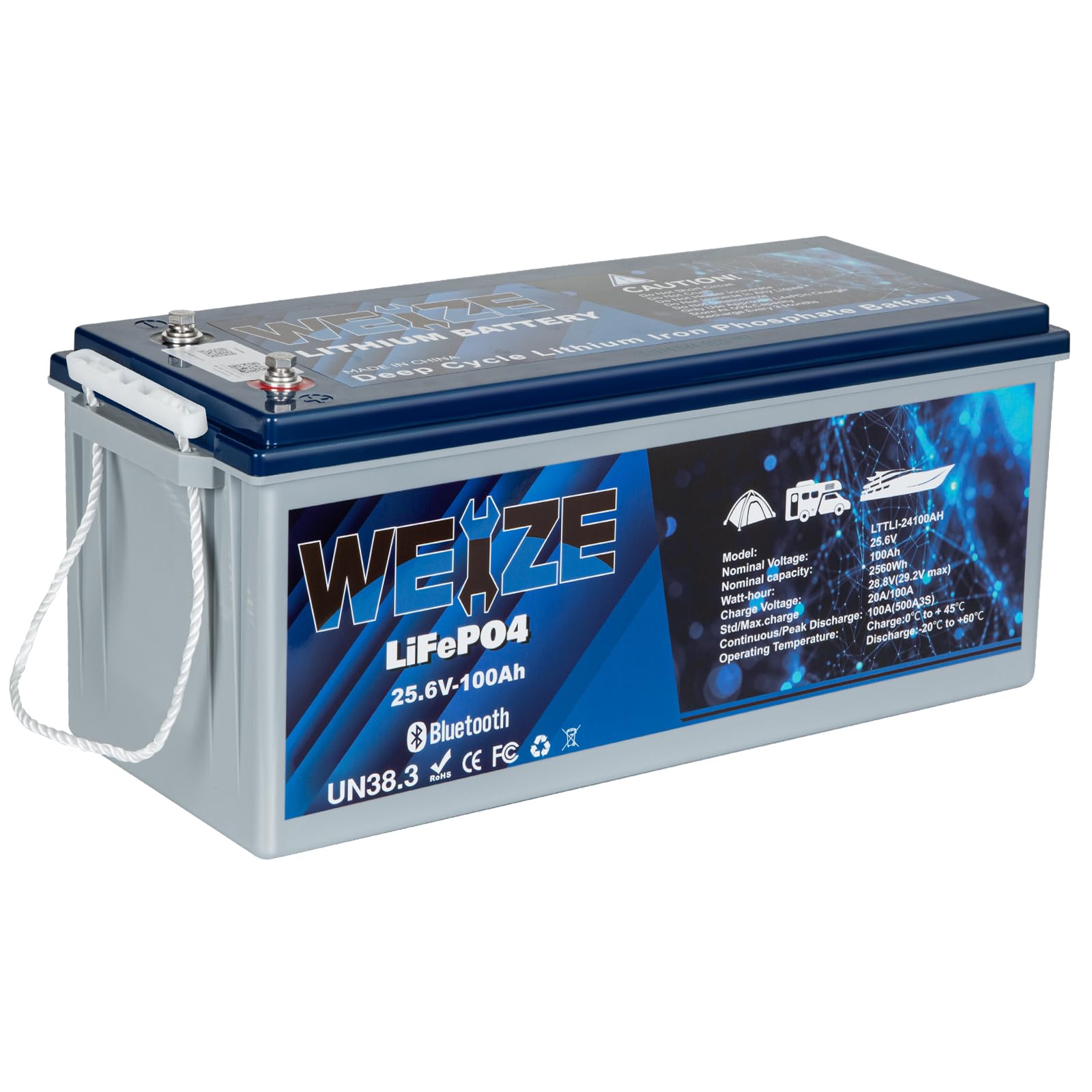 WEIZE 24V 100AH Bluetooth LiFePO4 Lithium Battery, Grade A Cells, 150A BMS, Low-Temp Protection Deep Cycle 500A/3S Peak Discharge Battery for Trolling Motor, Solar System, RV, Camping, Off Grid