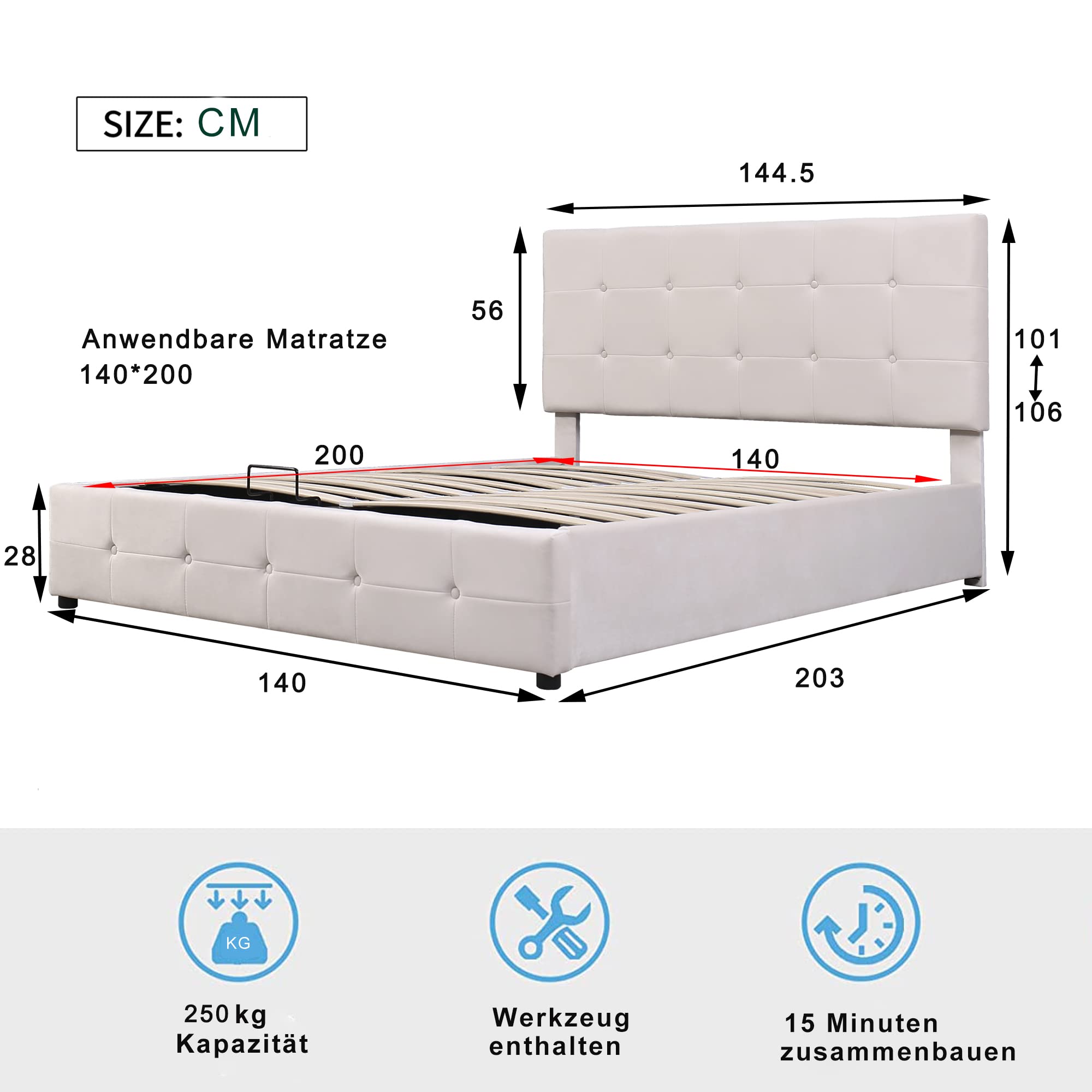 Goeria Letto imbottito 140 x 200 cm, letto matrimoniale con vano letto idraulico sollevabile, testa regolabile in altezza, tessuto di velluto delicato sulla pelle, letto matrimoniale per adulti