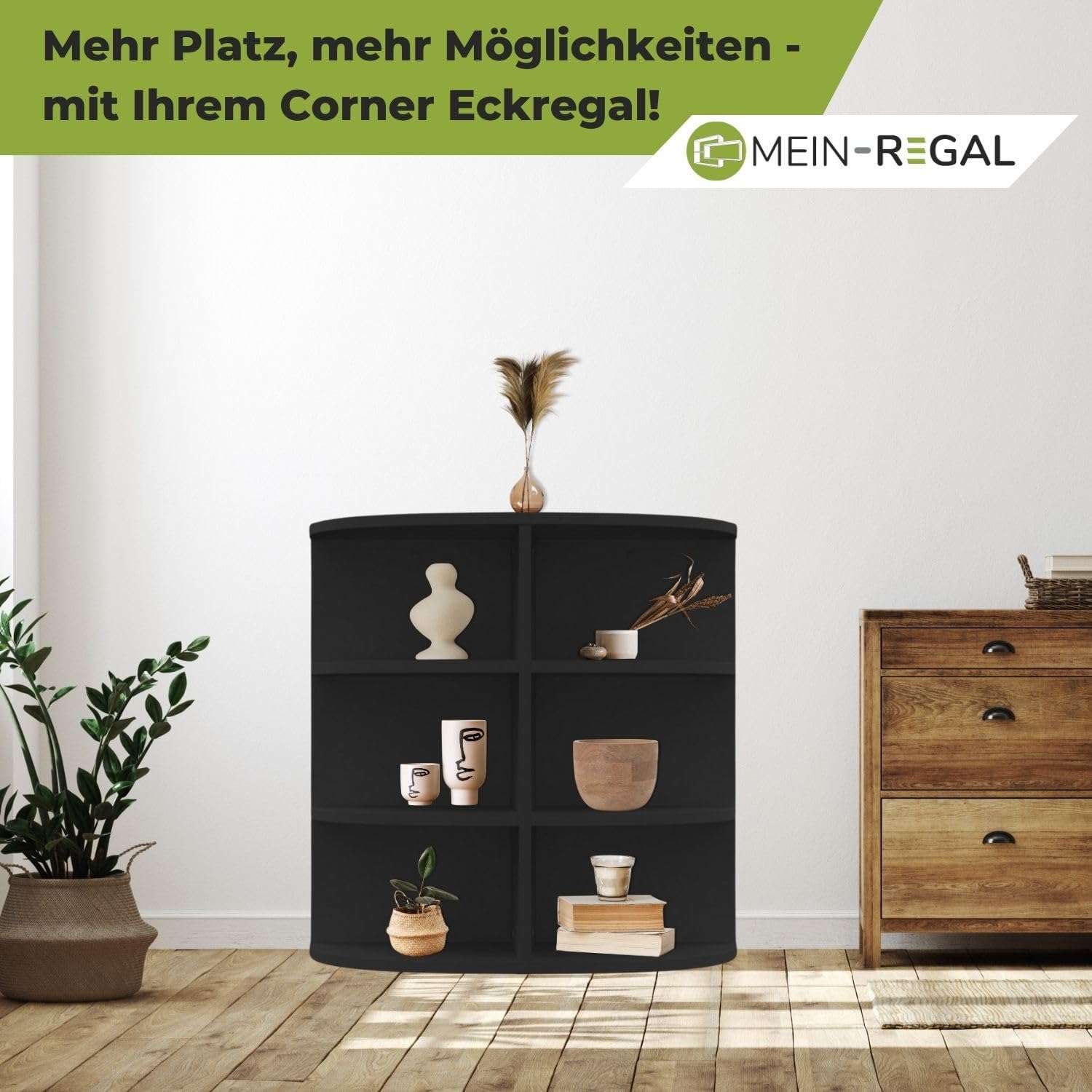 Coemo Eckregal Corner 60, 30x30x60 cm, Bücherregal 3 Fächer, Holzregal | Eckregal stehend, aus Holz schmal, der ideale Platzsparer für deine Ecke, Ob kunstvolle Dekorationen, als Bücherregal