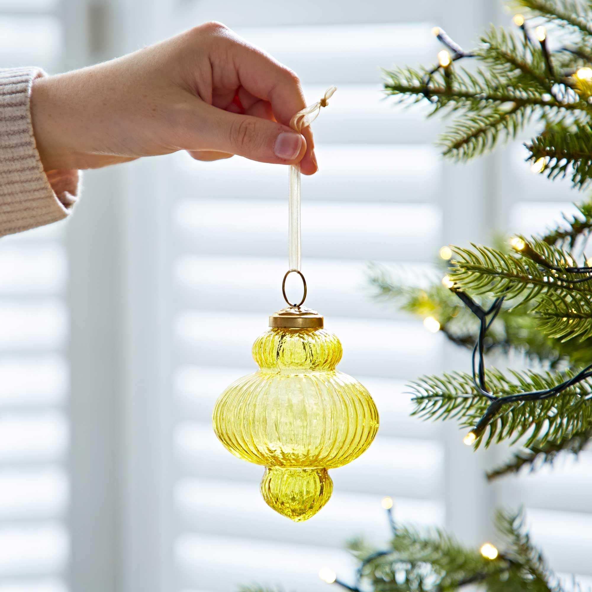 Coloured Recycled Glass Lantern Baubles - Fair Trade Holiday Décor - handmade Xmas Hanging Glass Ornaments - Christmas Tree Decoration (Yellow)