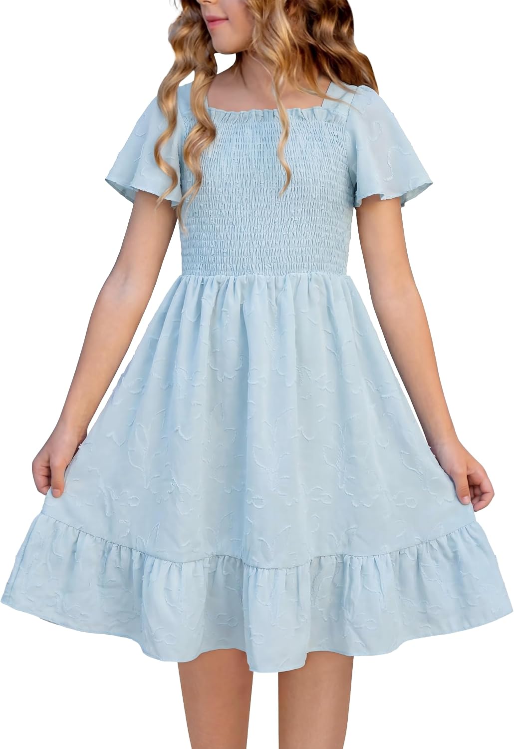 Tween Girls Summer Floral Dress Smocked Ruffle Sleeve Beach Party Boho Flowy Dresses with Pockets 6-14 Years