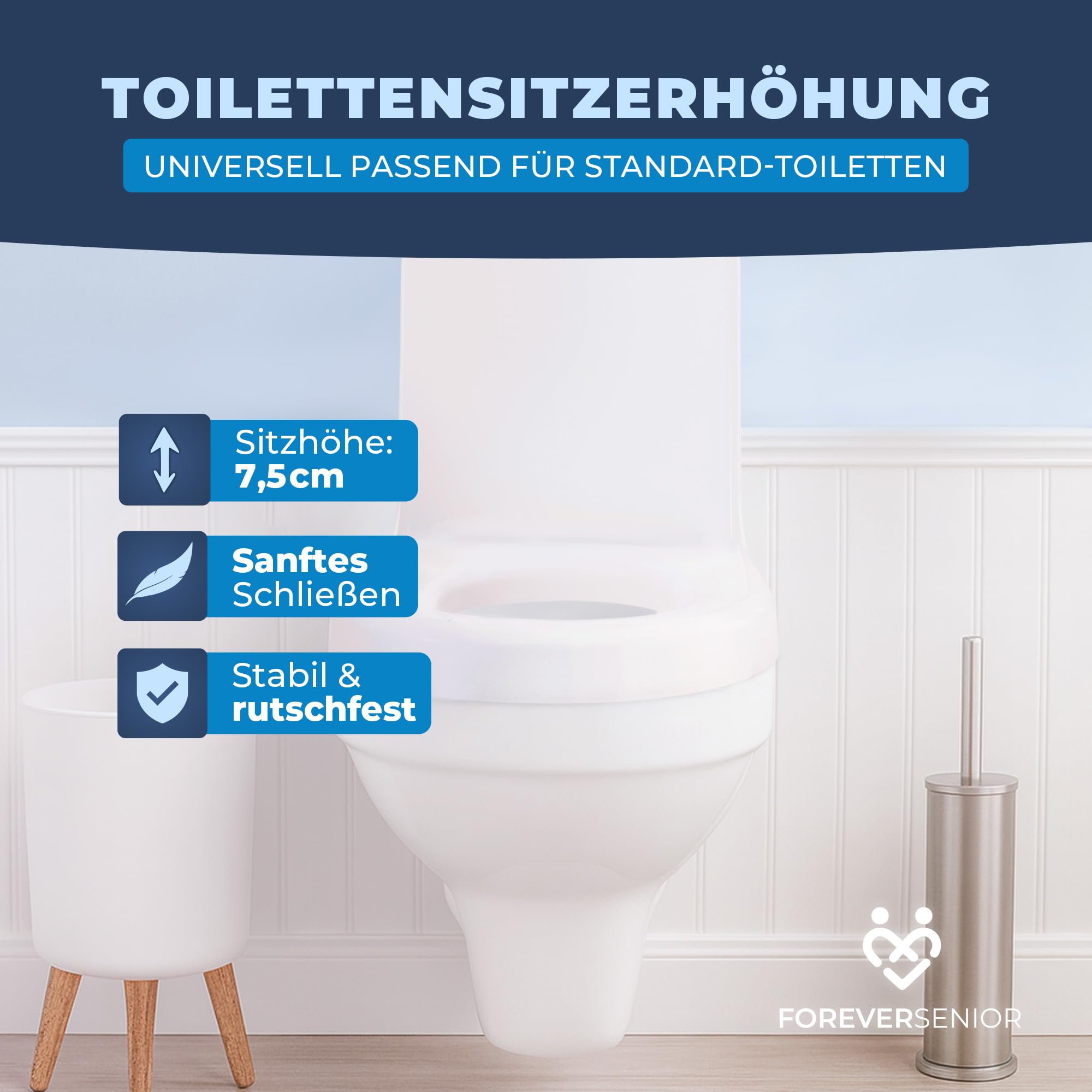 Toilettensitzerhöhung 7,5 cm – Erhöhter Toilettensitz mit Deckel & Absenkautomatik, ergonomische WC Sitzerhöhung für Senioren, einfache Montage, rutschfest & komfortabel