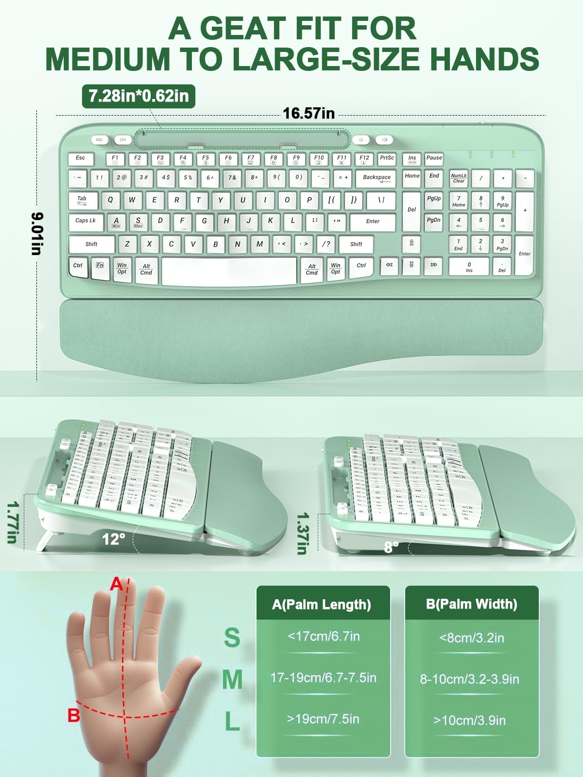 EAYBLLY Wave Keys Bezprzewodowa ergonomiczna klawiatura z amortyzowanym podparciem dłoni, wygodne naturalne pisanie, do dużych dłoni, 2,4 GHz, pełnowymiarowa bezprzewodowa klawiatura komputerowa USB