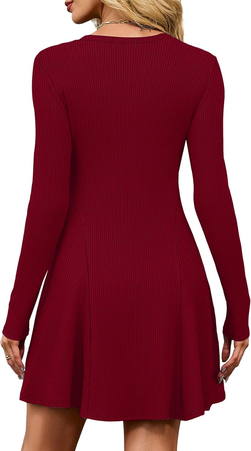 OFEEFAN Sweater Dress for Women Fall 2025 Long Sleeve Crew Neck Ribbed Knit Fit and Flare A-Line Dresses - Image 5