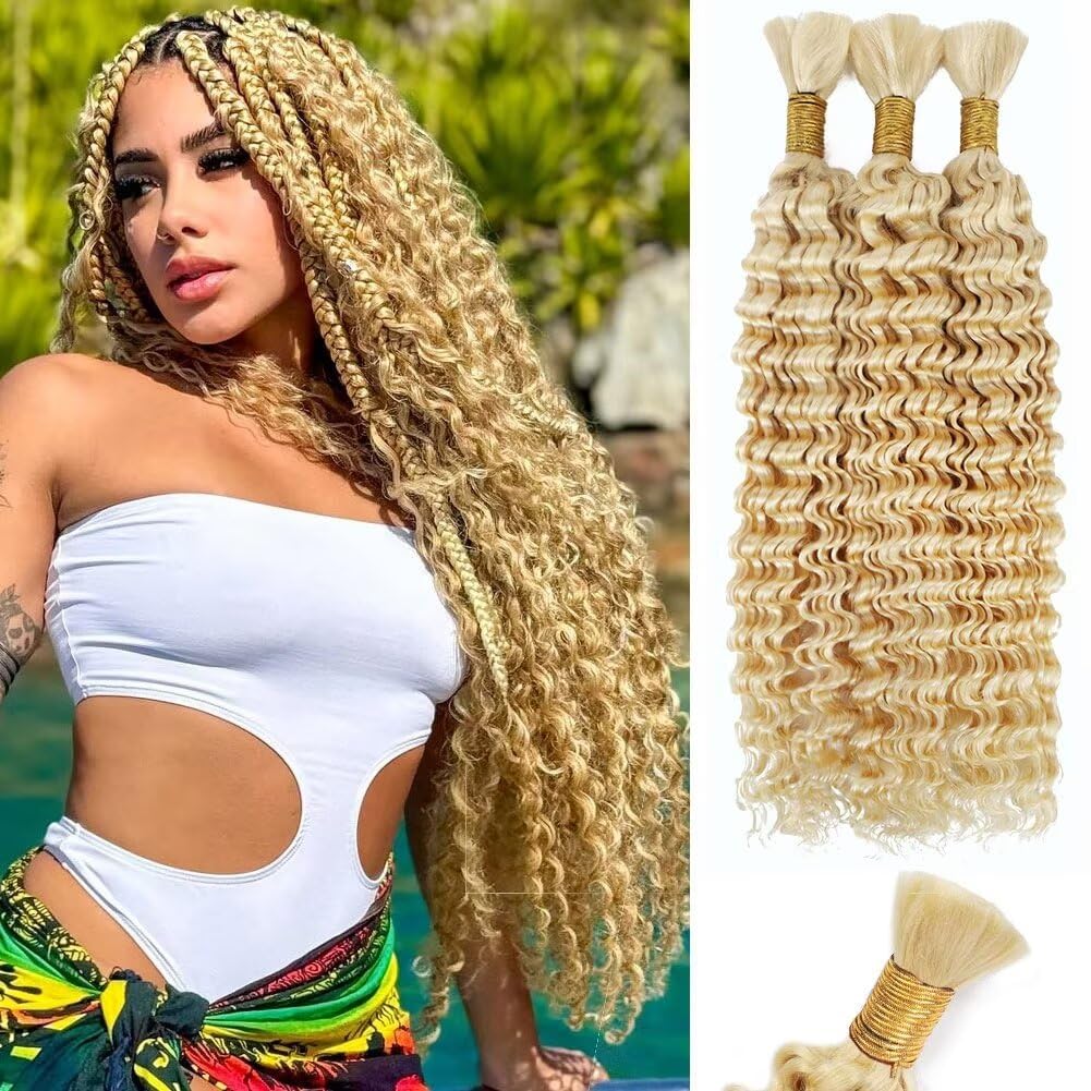 613 Blonde Human Braiding Hair Deep Water Wave Bulk Human Hair 150g 18 Inch Curly Human Hair for Boho Braids Hair Extensions No Weft 3 Braids Per Pack