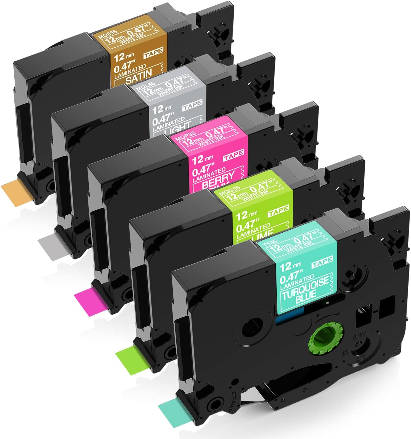 5-Pack P Touch Label Tape Multi-Color Compatible Brother Label Maker Refills TZe TZ Tape 12mm 0.47 Laminated Tape, for PT-D220 PT-D210 PT-H110 PT-D410 Label Maker, White on Green/Pink/Grey/Gold/Blue