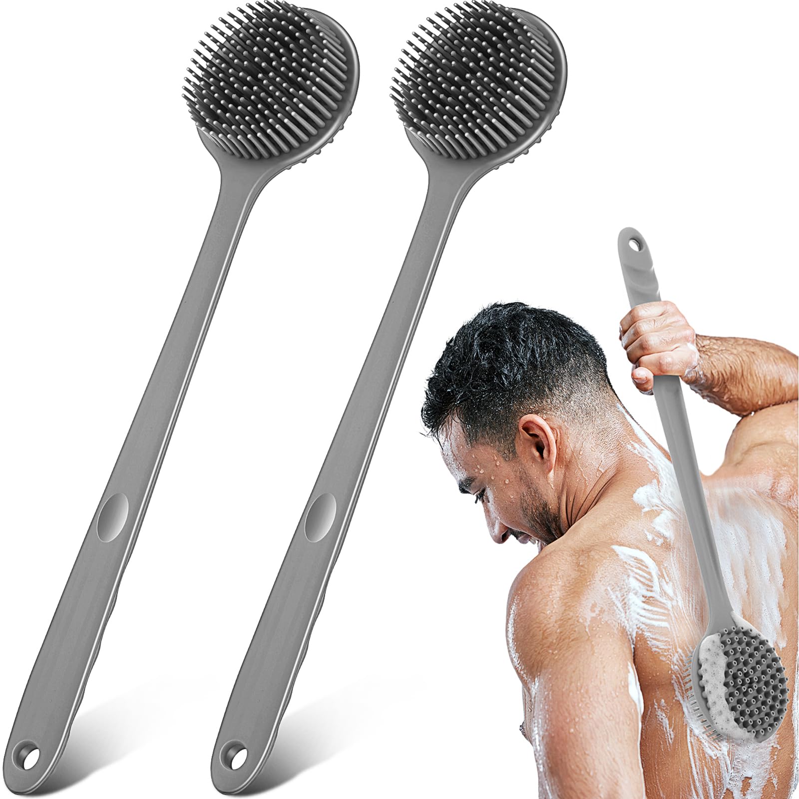 Sunnyray 2 Pack 15 Inch Soft Silicone Back Scrubber with Long Handle, Scrubber Anti Slip for Shower, Bath Body Brush, Improved Skin Health Can Produce