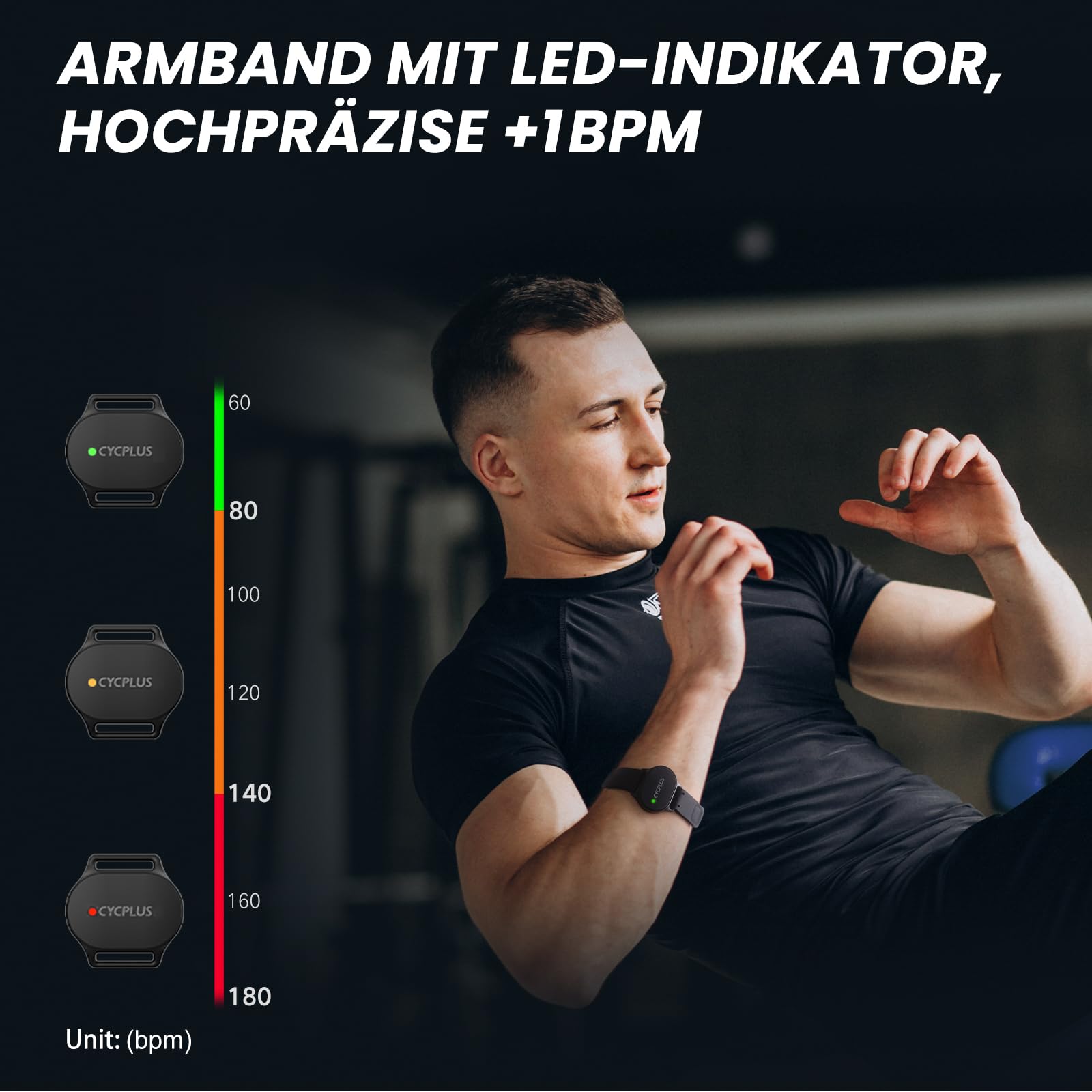 CYCPLUS Herzfrequenzmesser Armband, Bluetooth 5.1 ANT+ HR Monitor mit HR Zone LED Anzeige, IP67 Wasserdicht, Verwendung für Laufen Radfahren Fitness und andere Sportarten(schwarz)