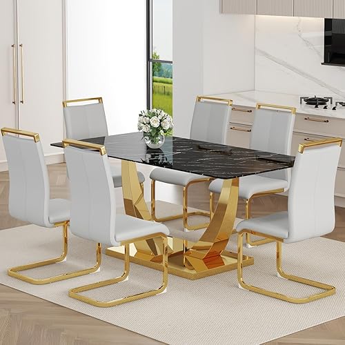 Miniatura 43 de Juego de mesa de comedor de mármol sintético para 6, mesa de comedor moderna de 71 pulgadas para 6, mesa de cocina dorada de lujo y 6 sillas de Mesa
