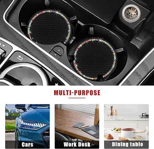 Miniatura 6 de Paquete de 2 posavasos brillantes para automóvil, 2.75 pulgadas, de silicona con diamantes de imitación, portavasos de goma suave de cristal