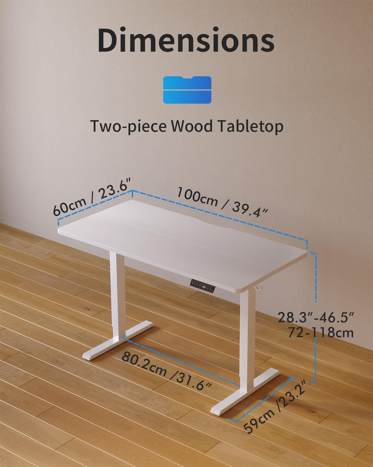 FEZIBO Bureau Réglable Hauteur Électrique 100x60cm Plateau Monobloc Chêne - Ports USB-A & USB-C