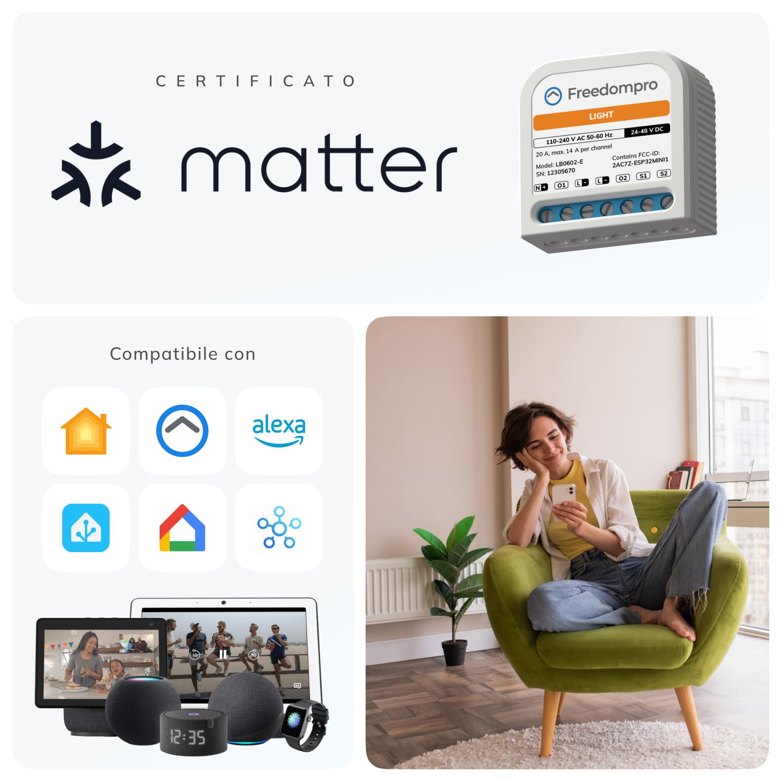 Freedompro Interruttore Smart WiFi Comanda 2 Luci, Lampade, Faretti, Punti Luce, Modulo Smart Home MINI Relè Compatibile con Matter, Apple HomeKit, Alexa, Google Home, 110-240V 14A Scatola da Incasso