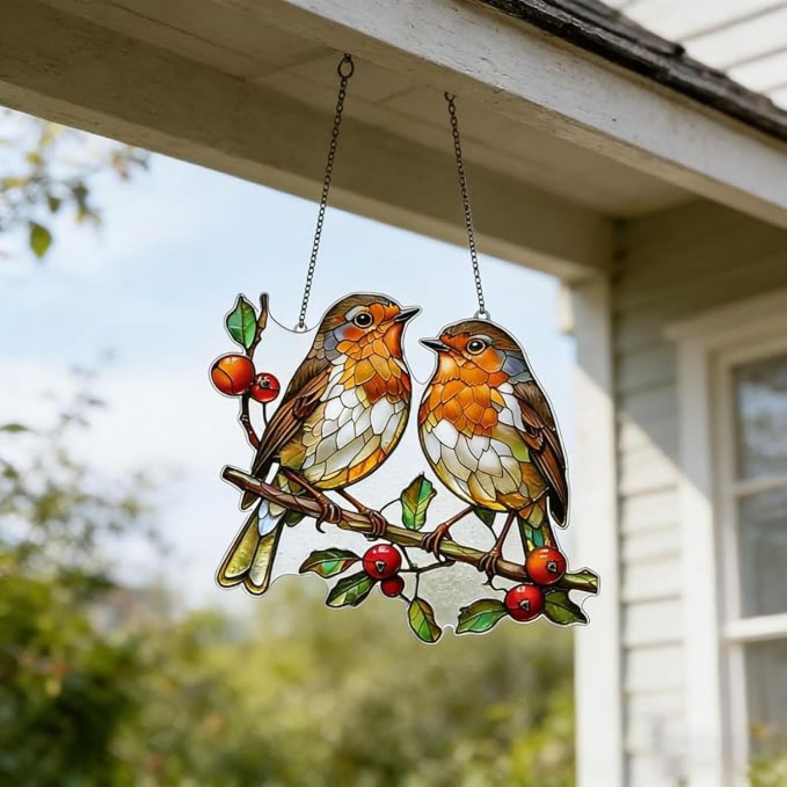 Stained Glass Bird Suncatcher for Windows, Acrylic Hanging Ornament with Robin Motif, Suncatchers for Windows and Garden, Bird Hanging Decoration for Window, Gift for Bird Lovers