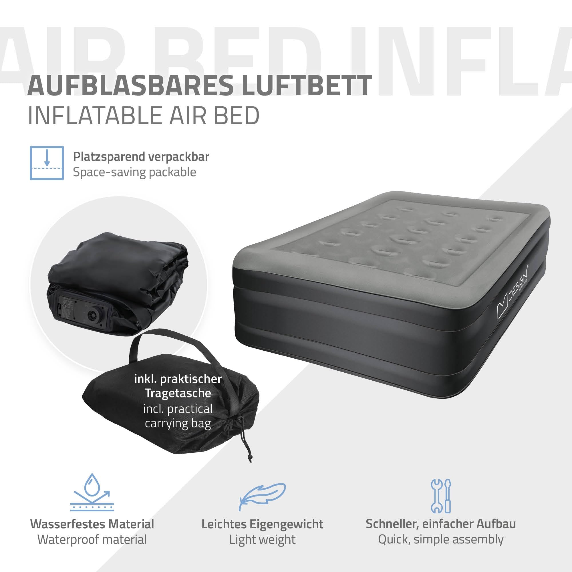 ML-Design Matelas Gonflable pour 1 Personne 196 x 97 x 47 cm, Certifié TÜV, avec Pompe à Air Électrique 230V, Gris, Lit Simple Autogonflant, Résistant à l'eau, Antidérapant, Sac de Transport Inclus
