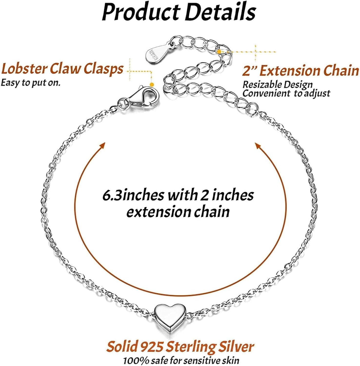 ChicSilver Personalized Tiny Heart/Star/Moon/Dot/Lotus Bracelet, Sterling Silver Dainty Link Chain Bracelet for Women Silver/Gold Plated/Rose Gold Plated - Image 6