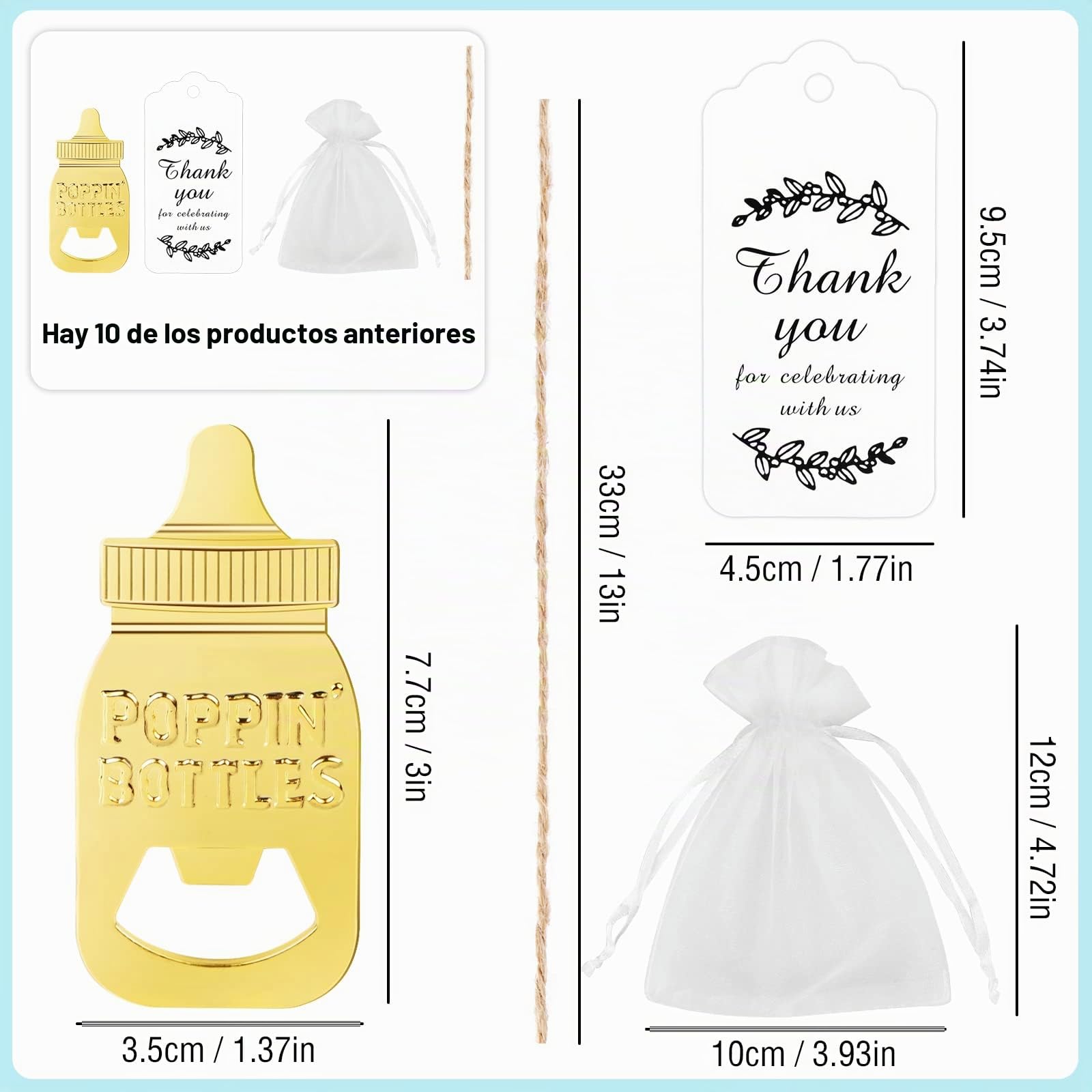 AKONE 10 Abrebotellas Oro Regalos Invitados Baby Shower Bautizos Bodas