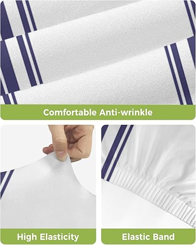 Miniatura 4 de Juego de 2 fundas para taburetes de bar a rayas azul marino, fundas elásticas para sillas de comedor, modernas fundas de arte abstracto a rayas