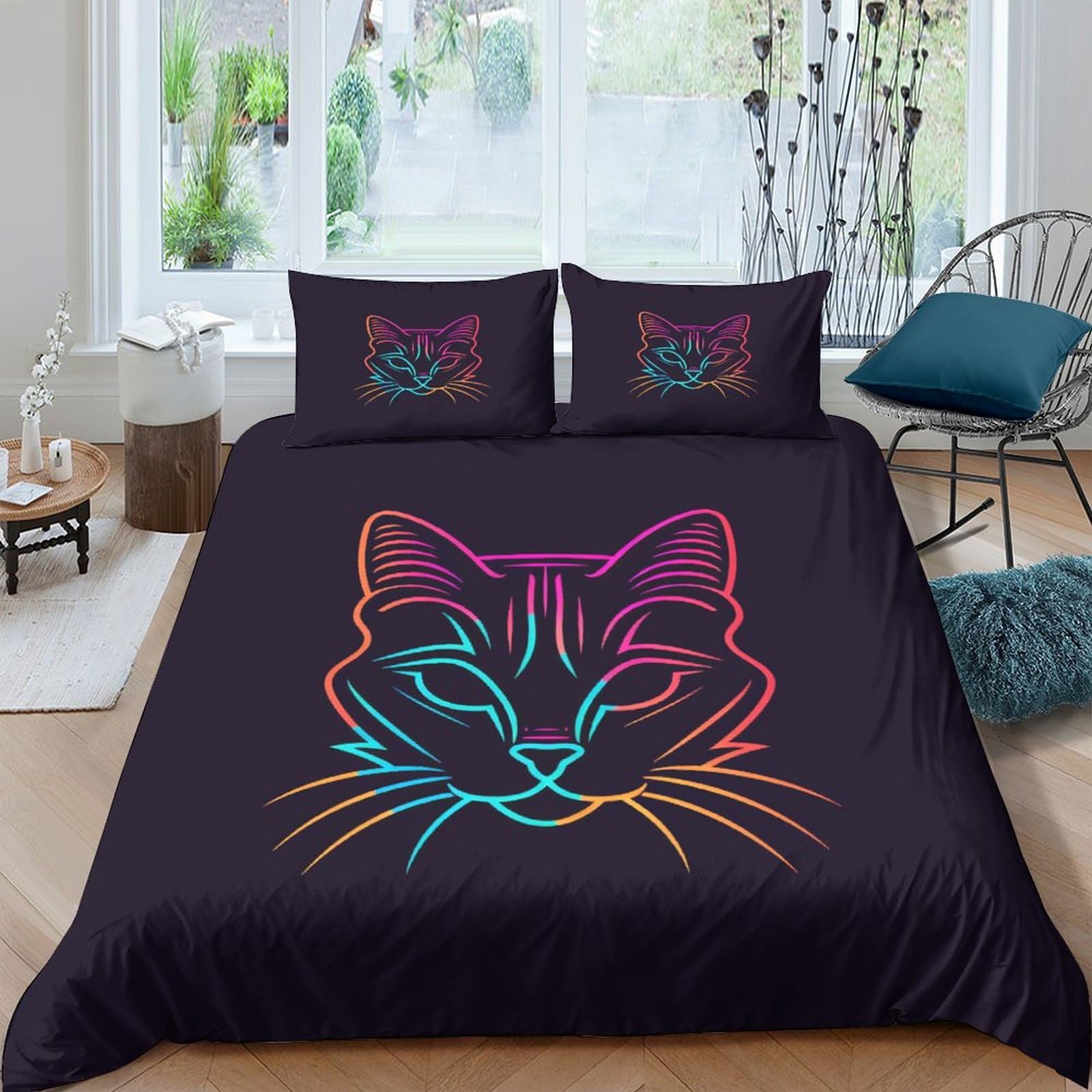 Housse de couette chat respirante parure de lit double 200x200 cm en microfibre super douce anti-plis