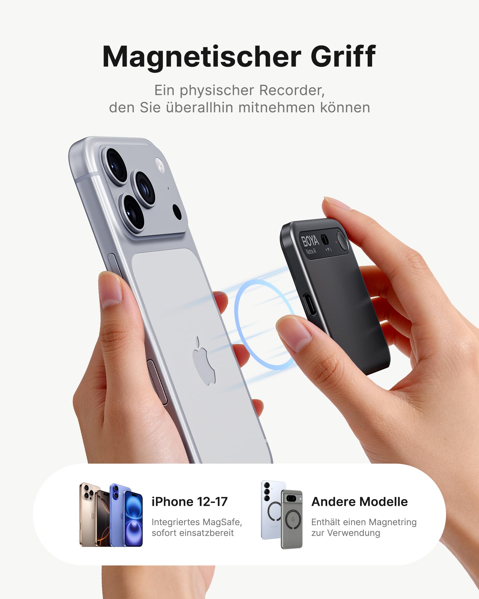 BOYA Notra KI Digitales Diktiergerät mit KI Schreibfunktion und Zusammenfassen, Multimodale Eingabe, Voice Recorder Unterstützung für Bluetooth-Headset-Aufnahme, Audiorekorder für Meetings Vorlesungen