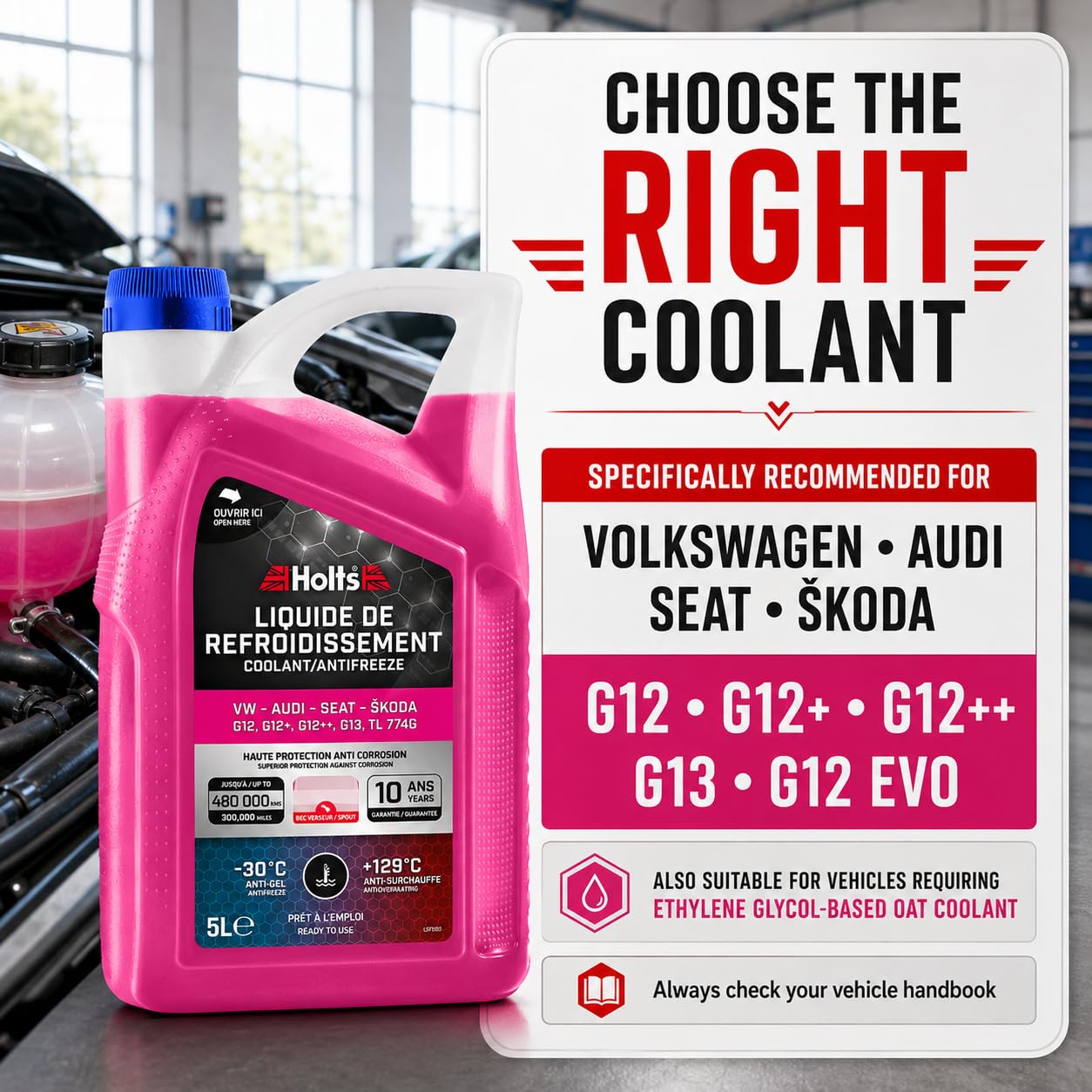 Holts HAFR0006B Kühlerfrostschutz Auto VW-Audi-Seat-Skoda G12, G12+, G12++, G13, G12 EVO 10-Jahre 480k km, Kühlmittel, kühlflüssigkeit Motor Auto -30°C, Rosa, 5 Liter