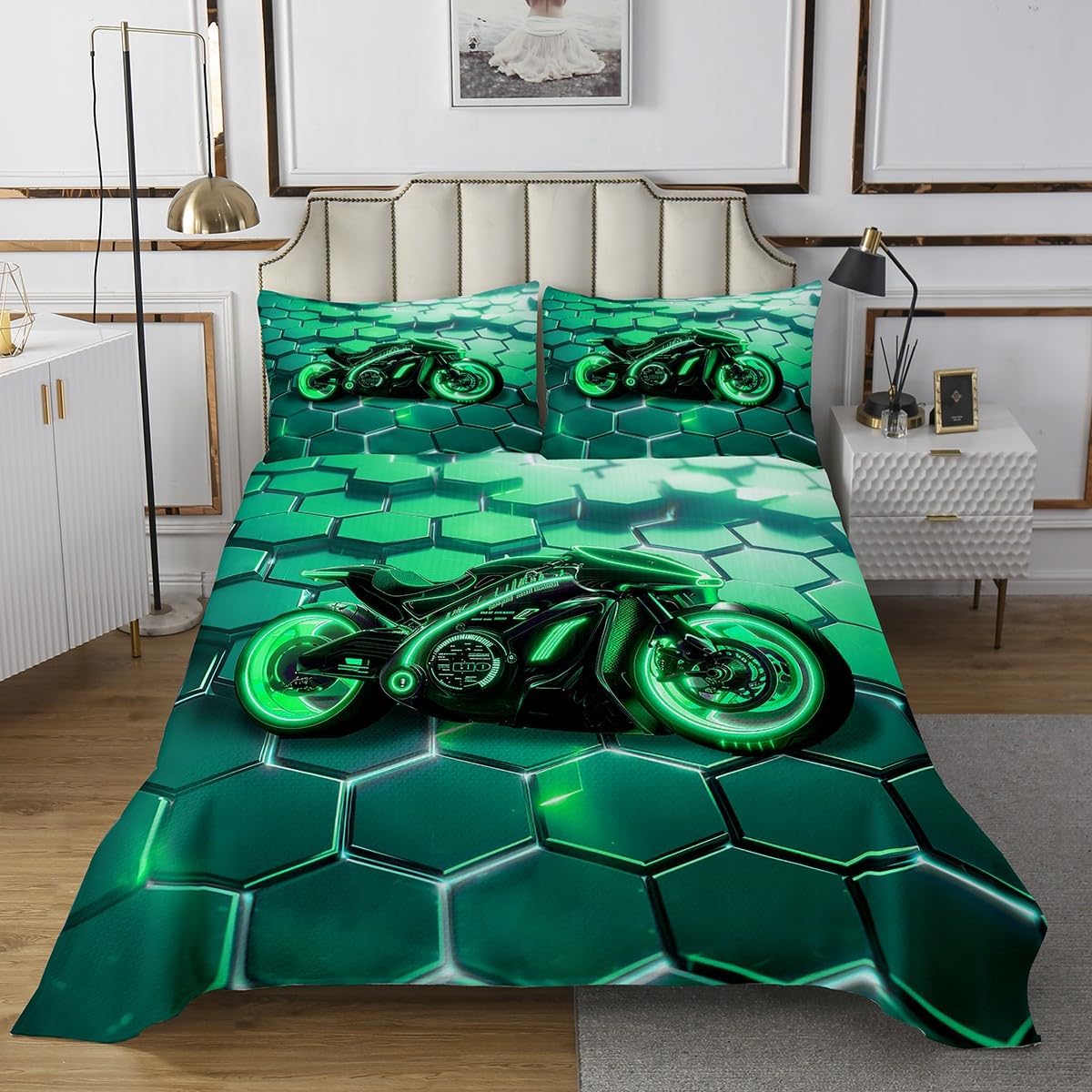 jejeloiu Boys Girls Dirt Bike Honeycomb Coverlet Set Queen Size, Durable Extreme SportBedspread Kids Luxury Collection Quilted Coverlet Teens Bedroom Decor with 2 Pillow Case