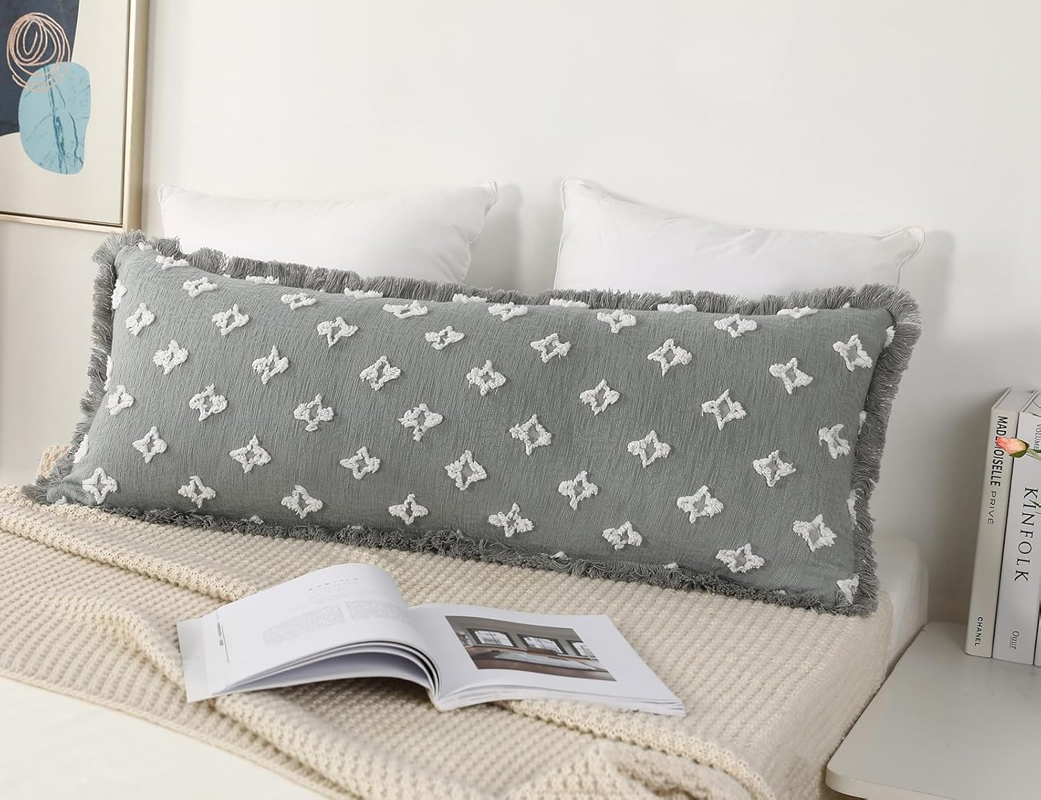 Boho Body Pillow Cover with Tassel Fringe,3D Flower Patterned Decorative Extra Long Lumbar Pillow Cover Pillow Case for Sofa Couch Bed Livingroom Farmhouse,21x54,Blue Grey