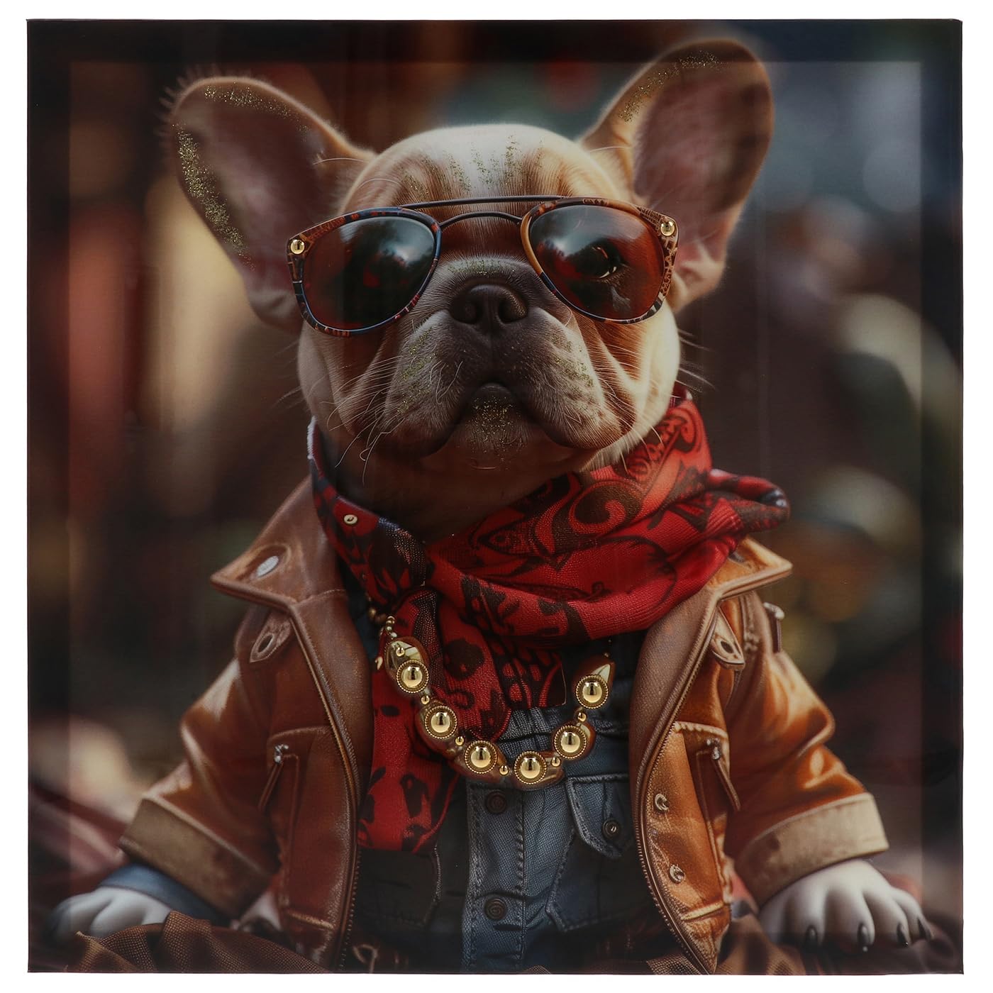 Shudehill Giftware High Definition Art Fab Frenchie Felix Canvas Wall Panel – Stylish French Bulldog Design with Sunglasses and Red Scarf (Height 50cm x Width 50cm x Depth 1.7cm)