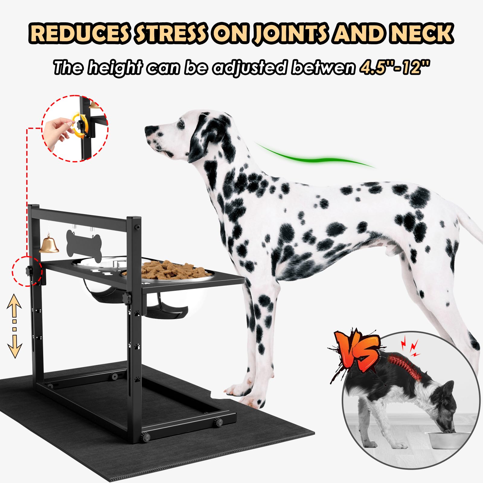 Cuencos elevados para Perros con comedero Lento, con Alfombrilla a Prueba de derrames, Altura Ajustable de 4.3 a 11.8 Pulgadas, Dos Cuencos de Acero Inoxidable de 1.7 L para Comida y Agua, Soporte