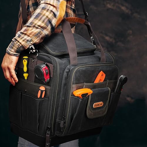 Miniatura 2 de WELKINLAND Bolsa de herramientas para electricista, Bolsa de herramientas de lona encerada resistente al agua, Bolsa de herramientas de fondo duro