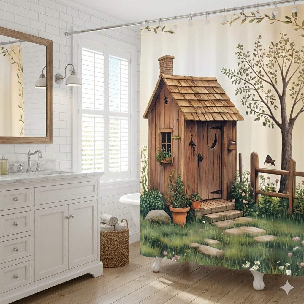 Outhouse Shower Curtain,Rustic Farmhouse Funny Wooden Decor for Bathroom,Vintage Country Nature Scenery with Green Plants & Fence, Polyester Fabric Set with 12 Hooks, 70 x 70 Inch