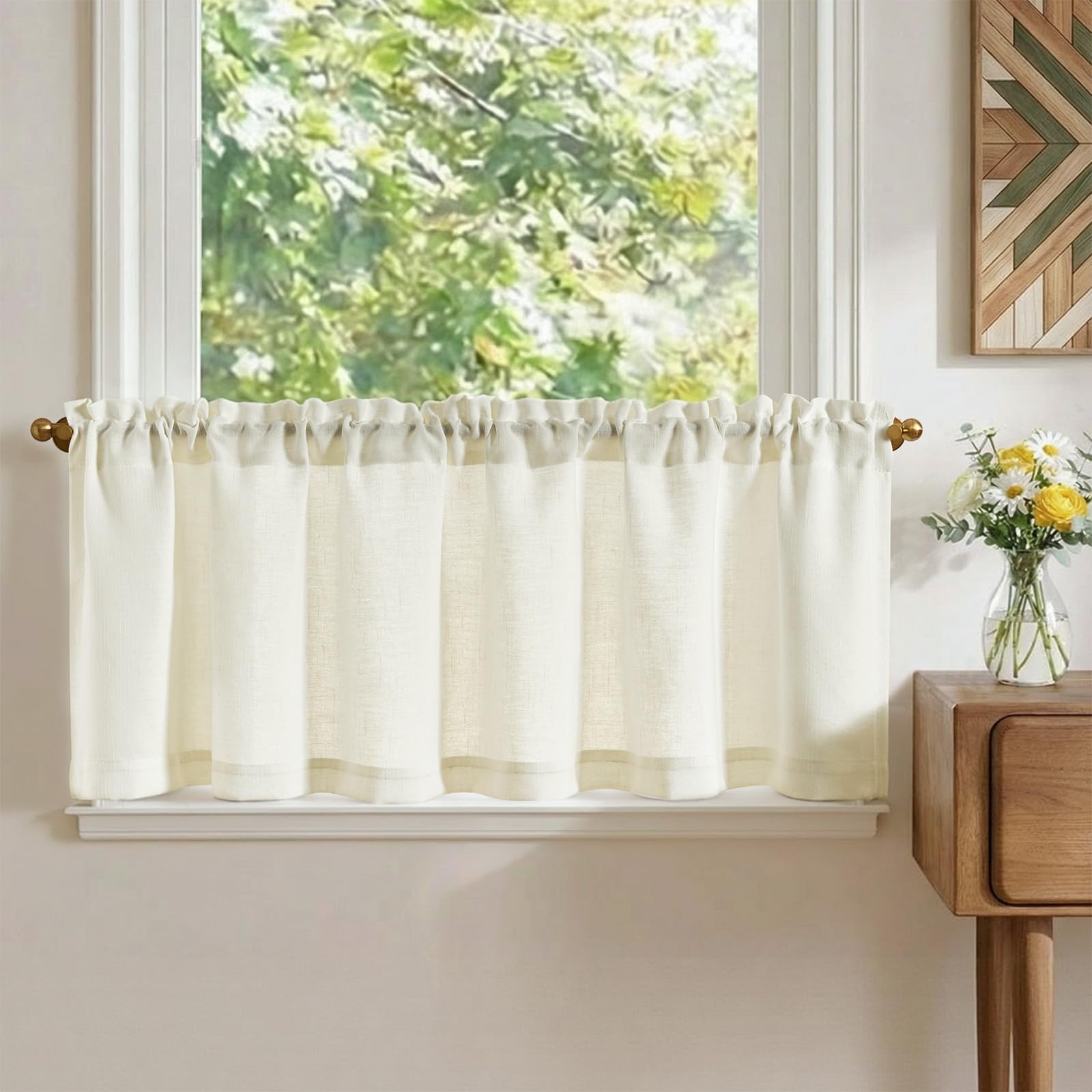 TOPICK Scheibengardinen modern Wohnzimmer Küche Weiß Bistrogardine 1er Set Scheibengardinen Küche Leinenoptik Küchengardinen kurz H40x150 cm Küchenvorhänge Landhausstil Gardine Küchenfenster