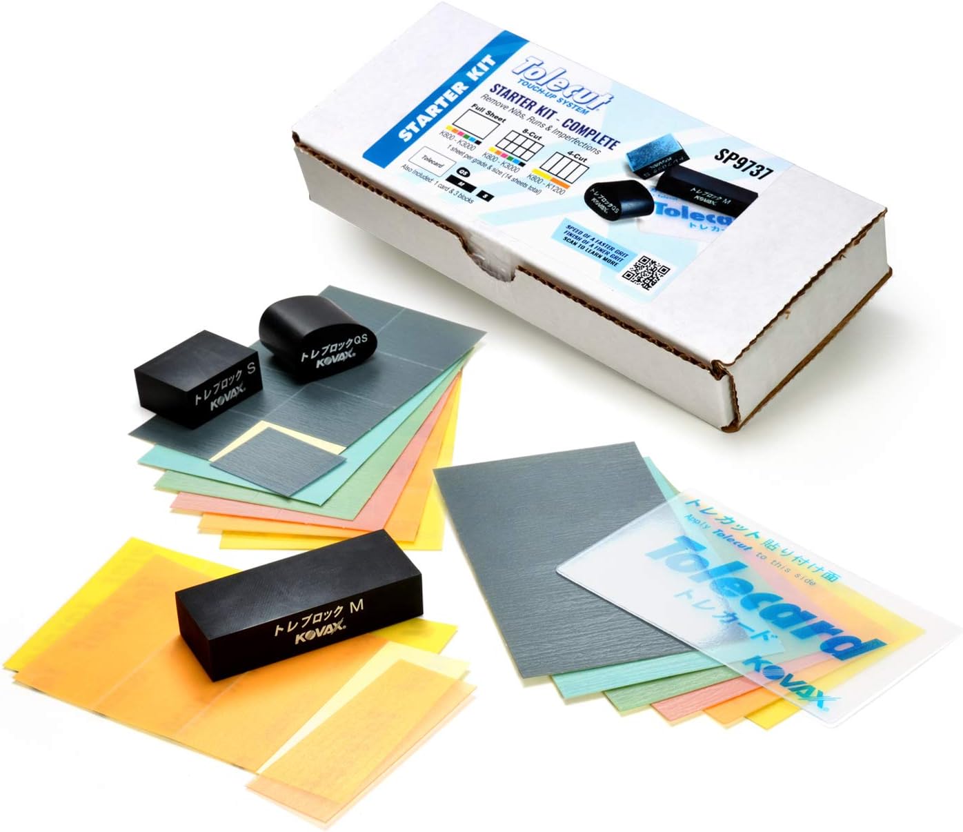 Tolecut Starter Kit - Complete, PSA Sanding Sheets for Nibs, Runs and Imperfections, SP9737, K800 - K3000, 14 Sheets + 1 Tolecard + 3 Toleblocks